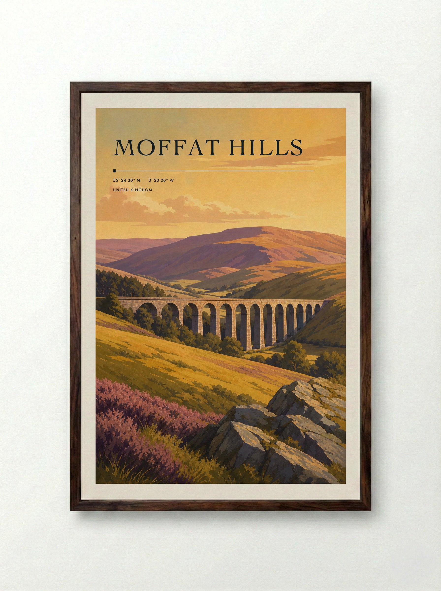 Moffat Hills United Kingdom Travel Poster - Framed Print Dark Wood
