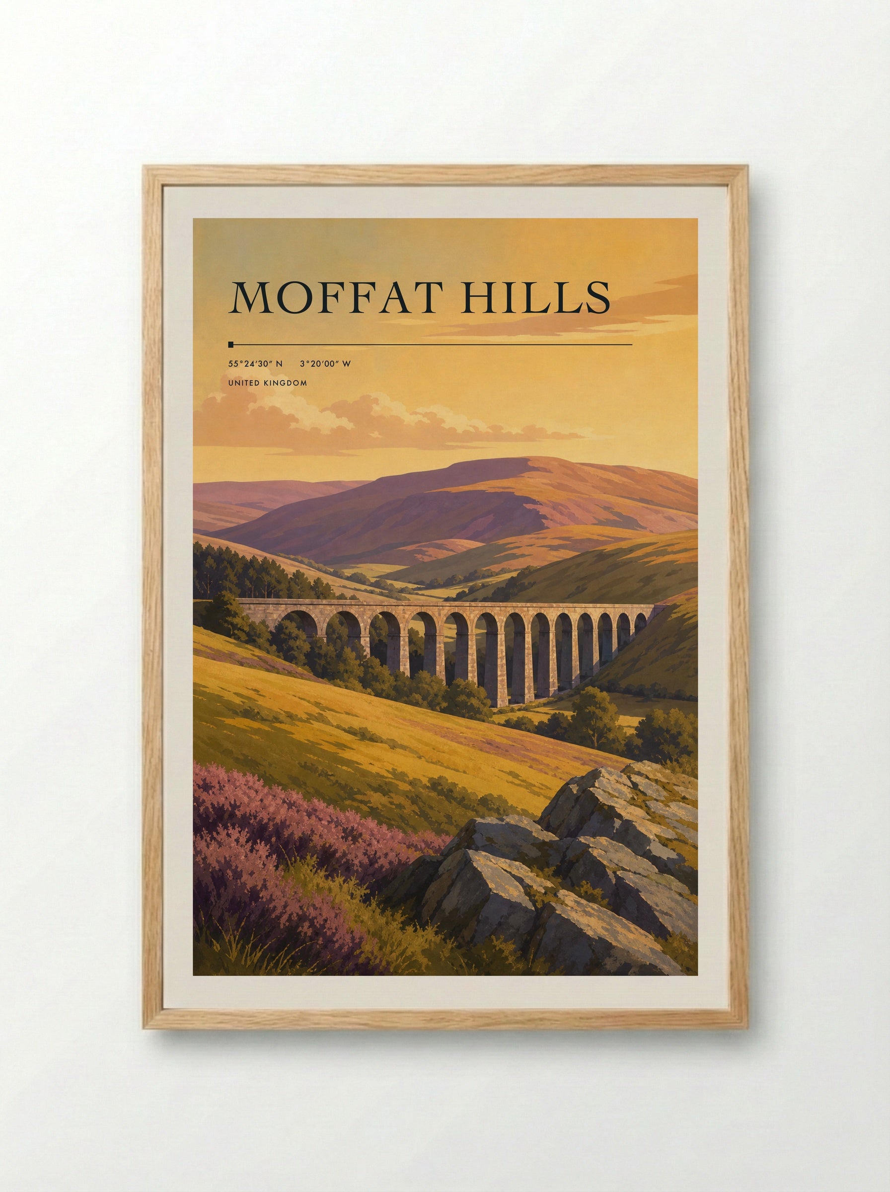 Moffat Hills United Kingdom Travel Poster - Framed Print Wood