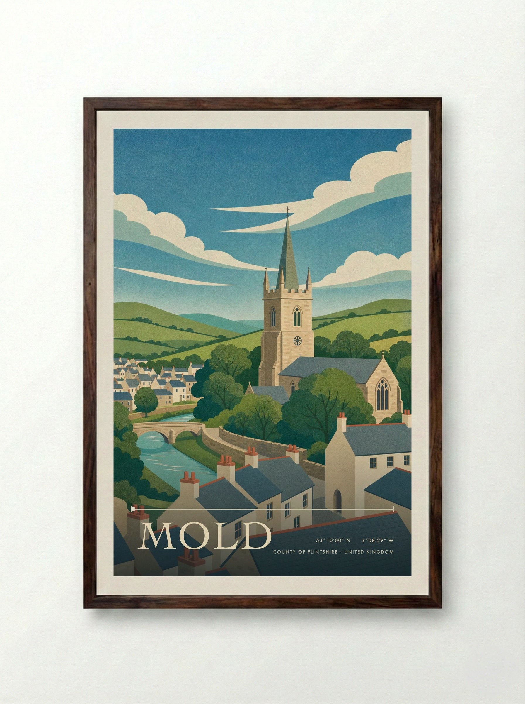 Mold County of Flintshire United Kingdom Travel Poster - Framed Print Dark Wood