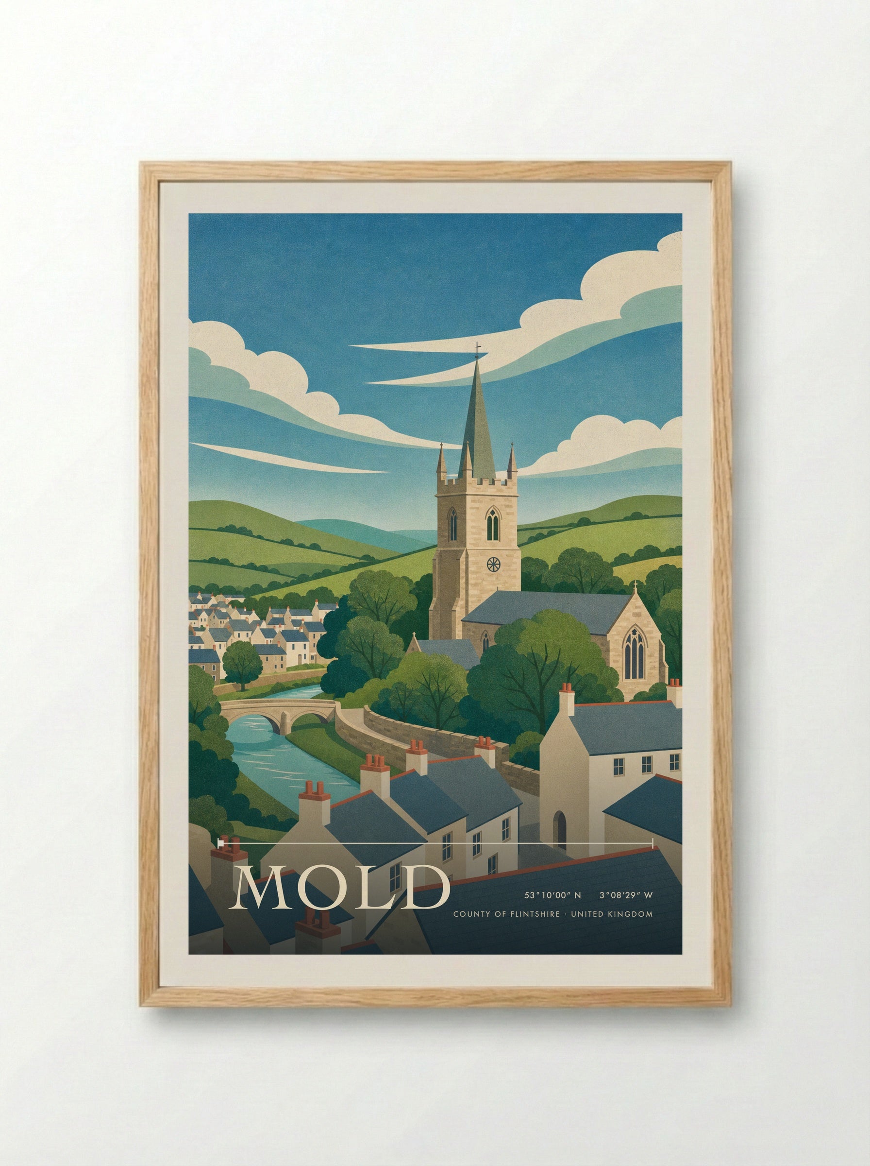 Mold County of Flintshire United Kingdom Travel Poster - Framed Print Wood