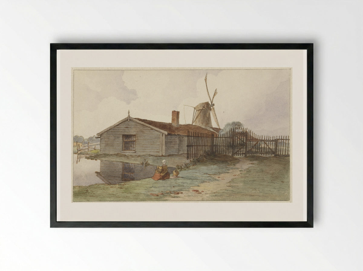 Molen met houten gebouwen bij Amsterdam - Hendrik Abraham Klinkhamer - Framed Print Black