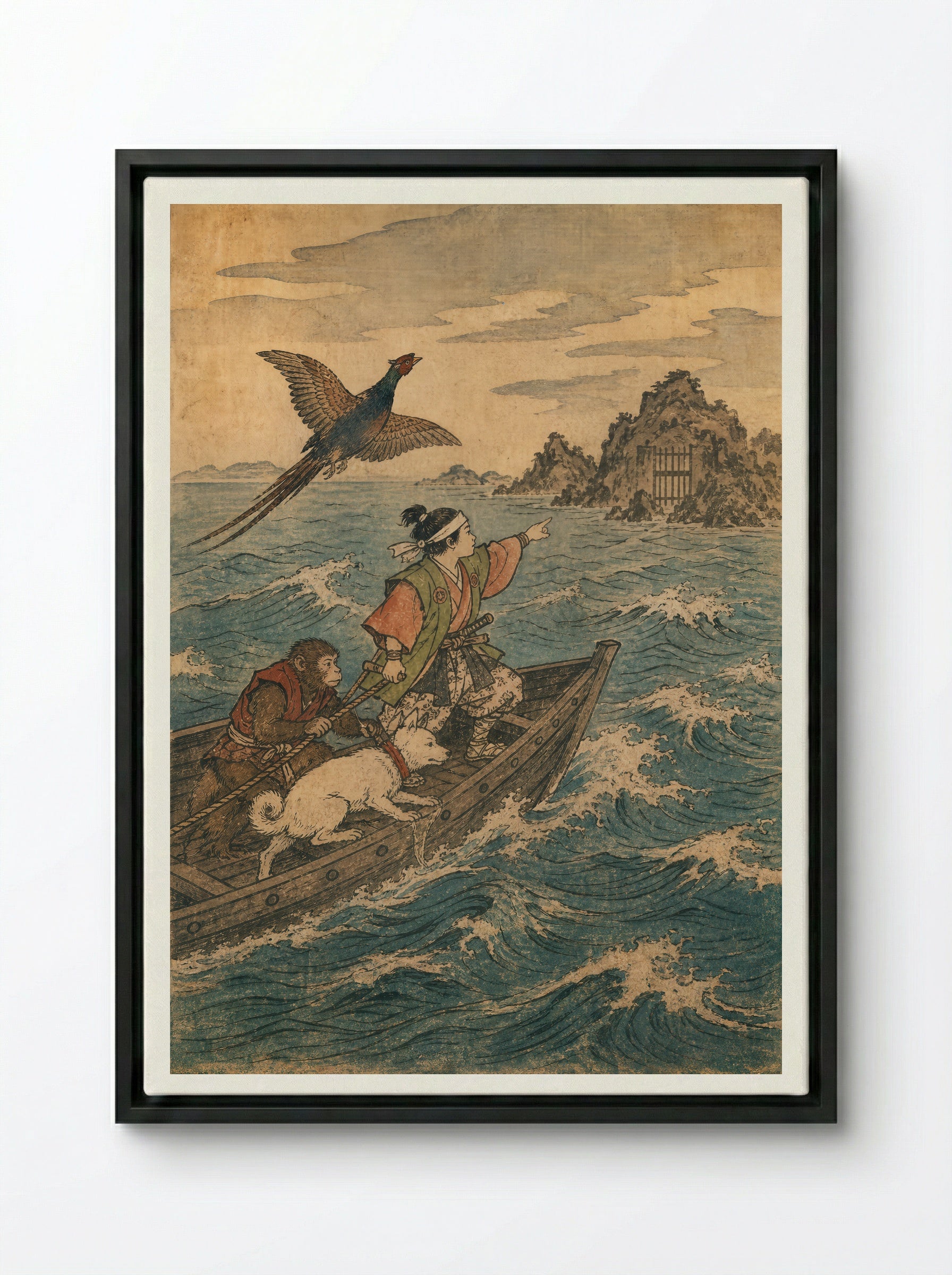Momotaro and Oni Island: Across to Onigashima - Framed Canvas Black