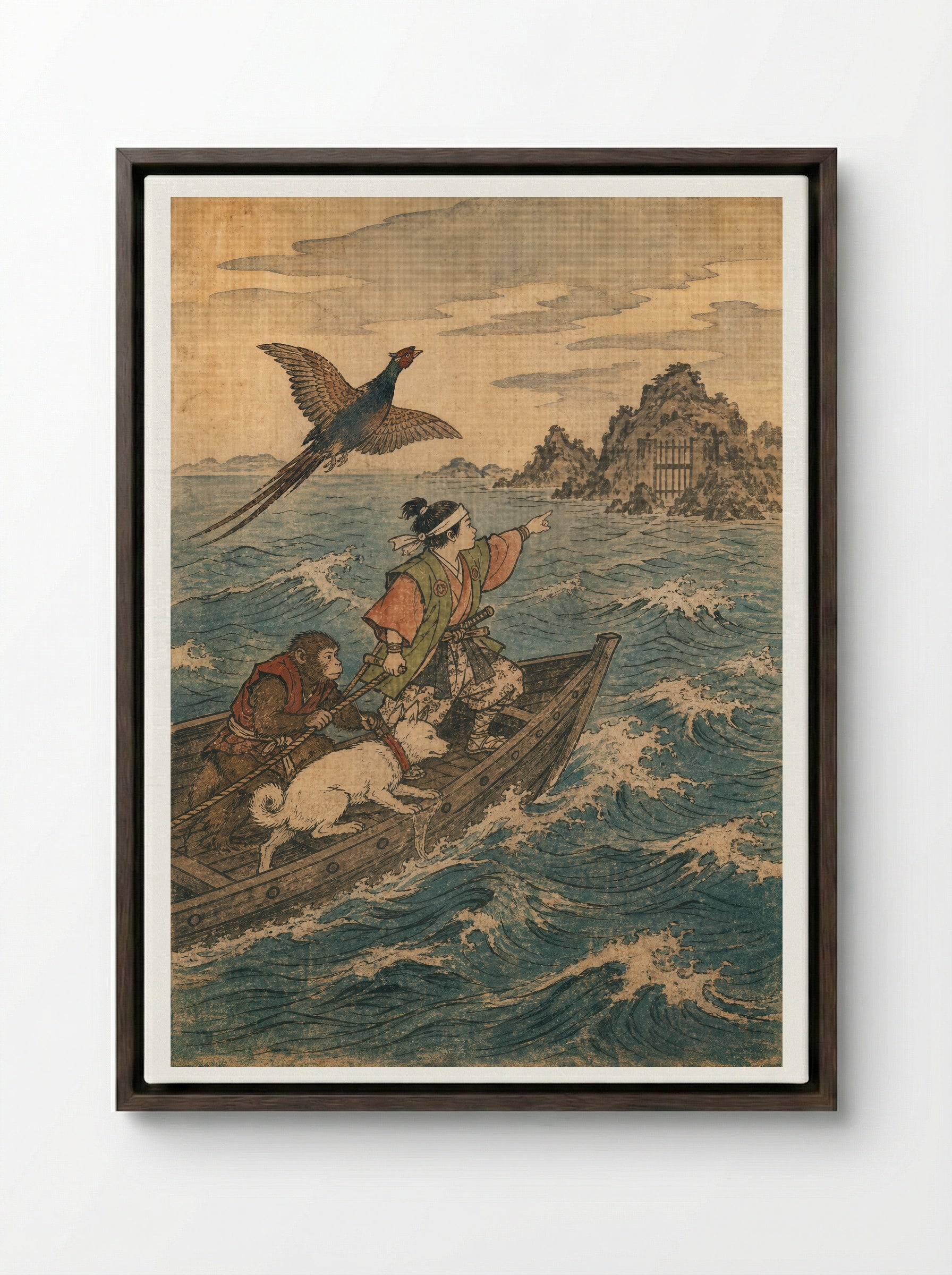 Momotaro and Oni Island: Across to Onigashima - Framed Canvas Dark Wood