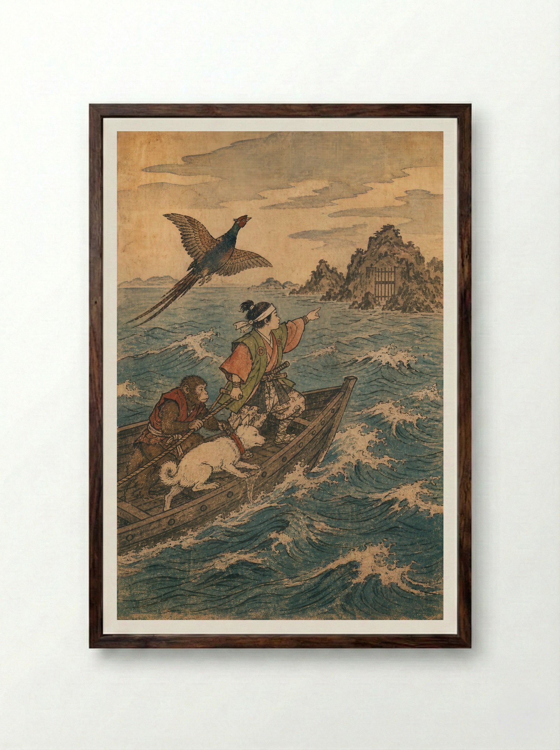 Momotaro and Oni Island: Across to Onigashima - Framed Print Dark Wood