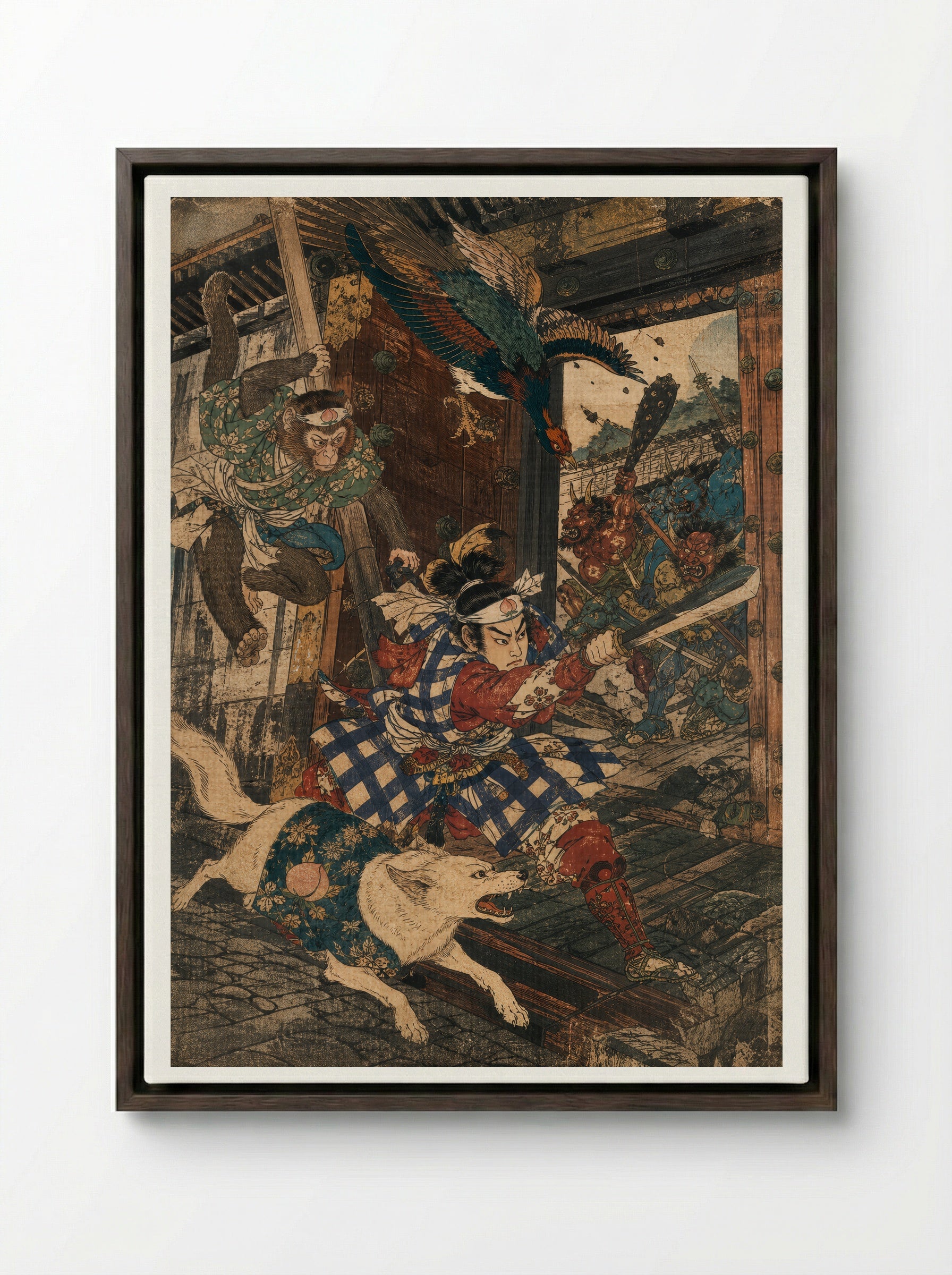 Momotaro and Oni Island: The Gate Gives Way - Framed Canvas Dark Wood