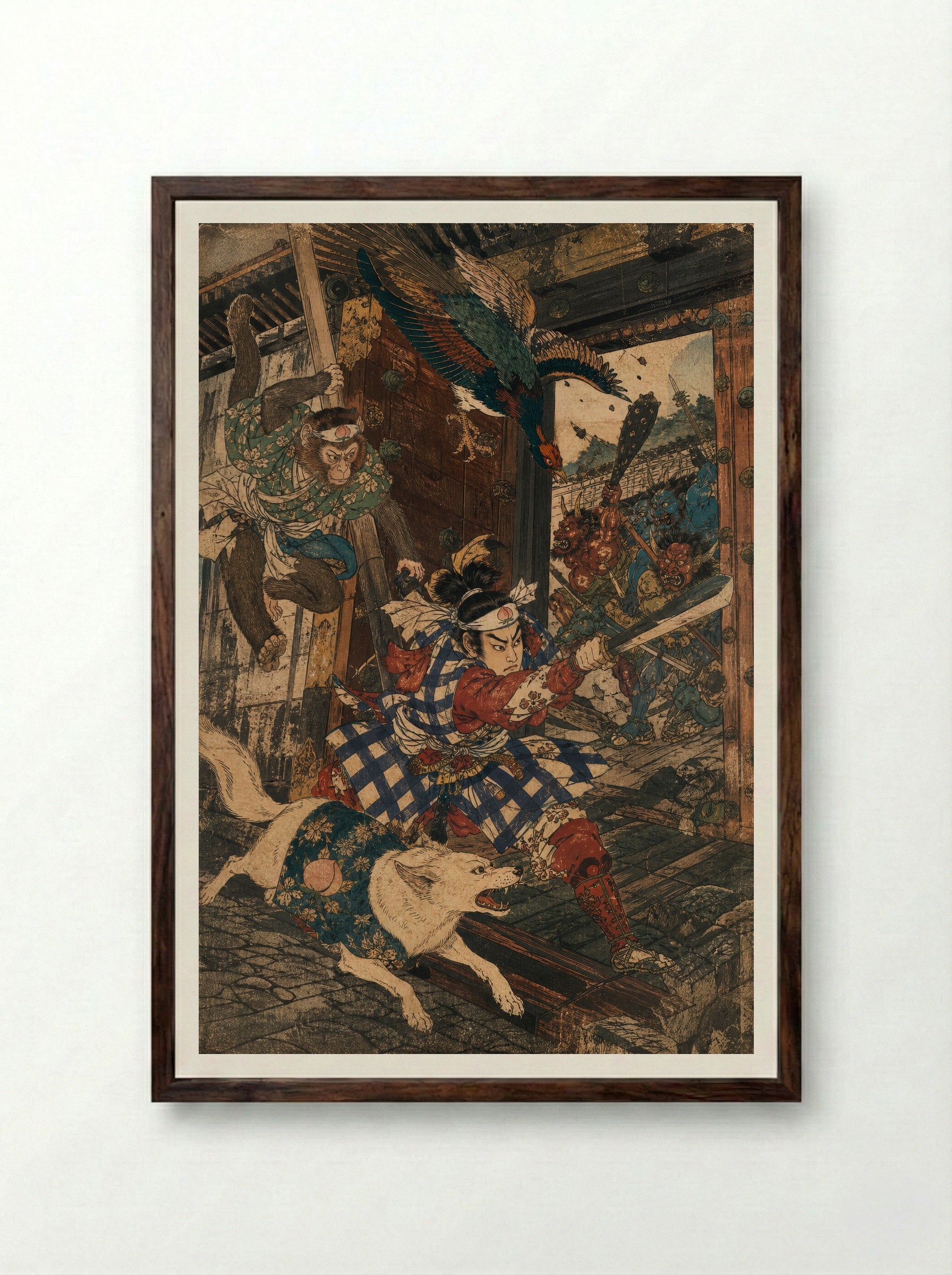 Momotaro and Oni Island: The Gate Gives Way - Framed Print Dark Wood