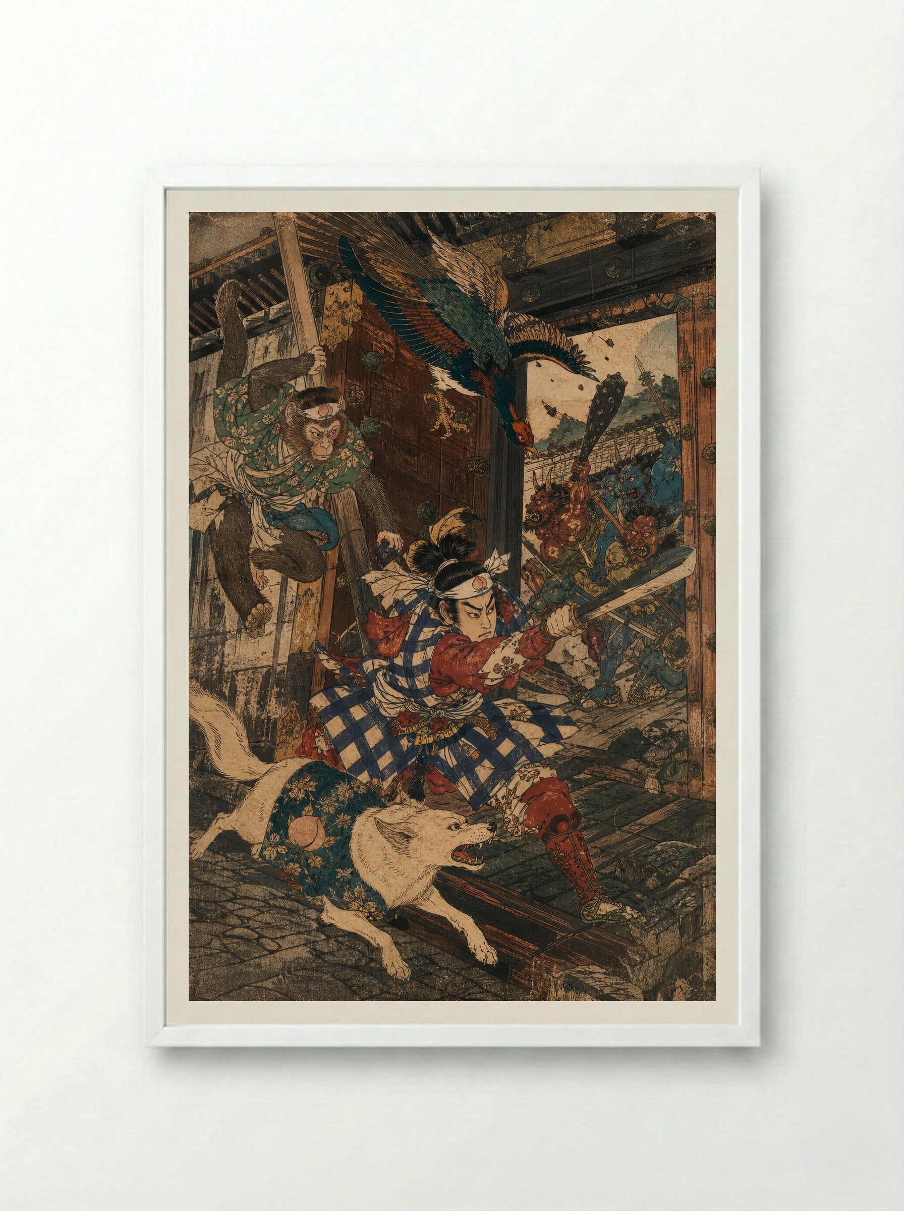 Momotaro and Oni Island: The Gate Gives Way - Framed Print White