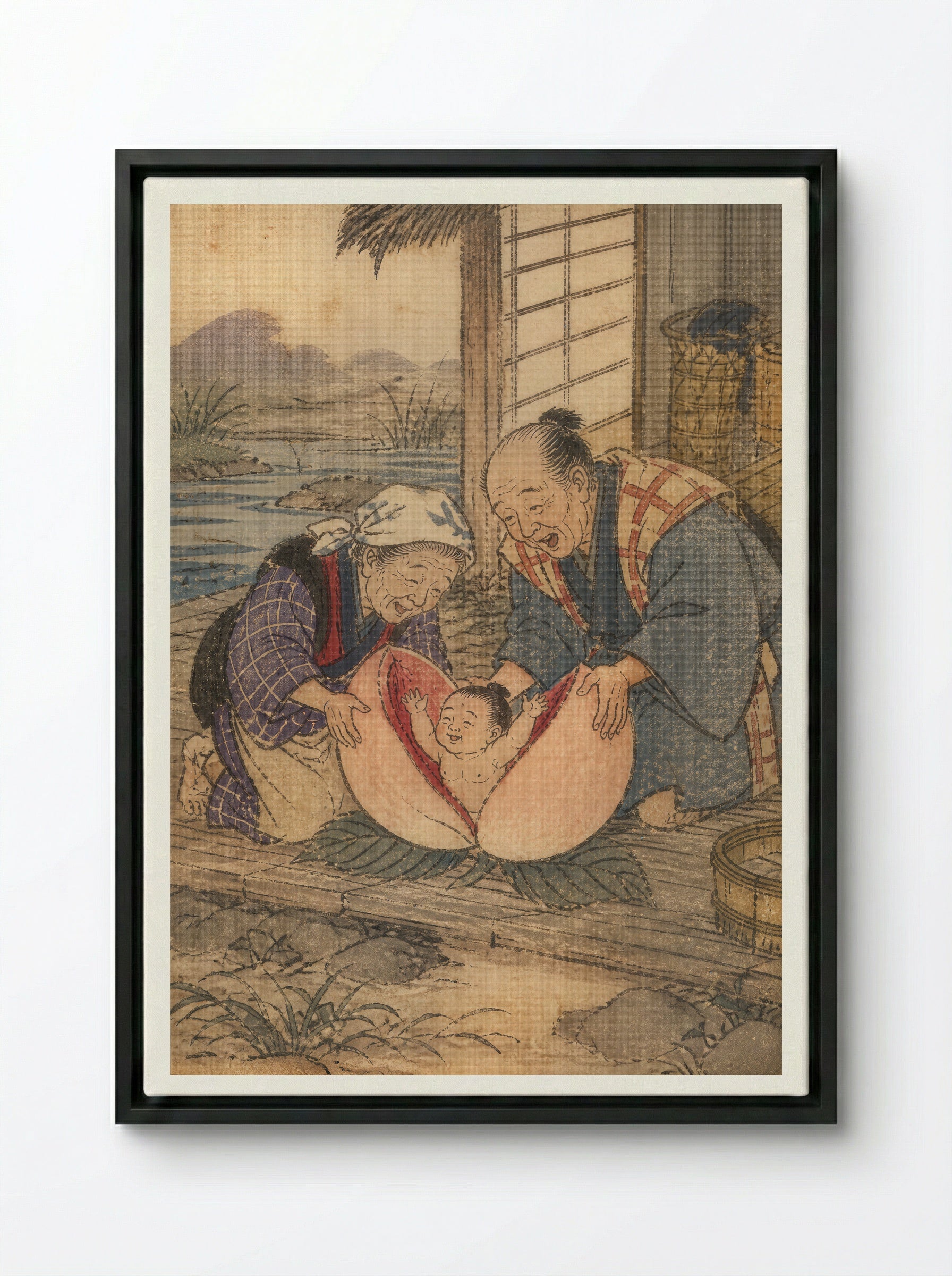 Momotaro and Oni Island: The Peach Opens - Framed Canvas Black