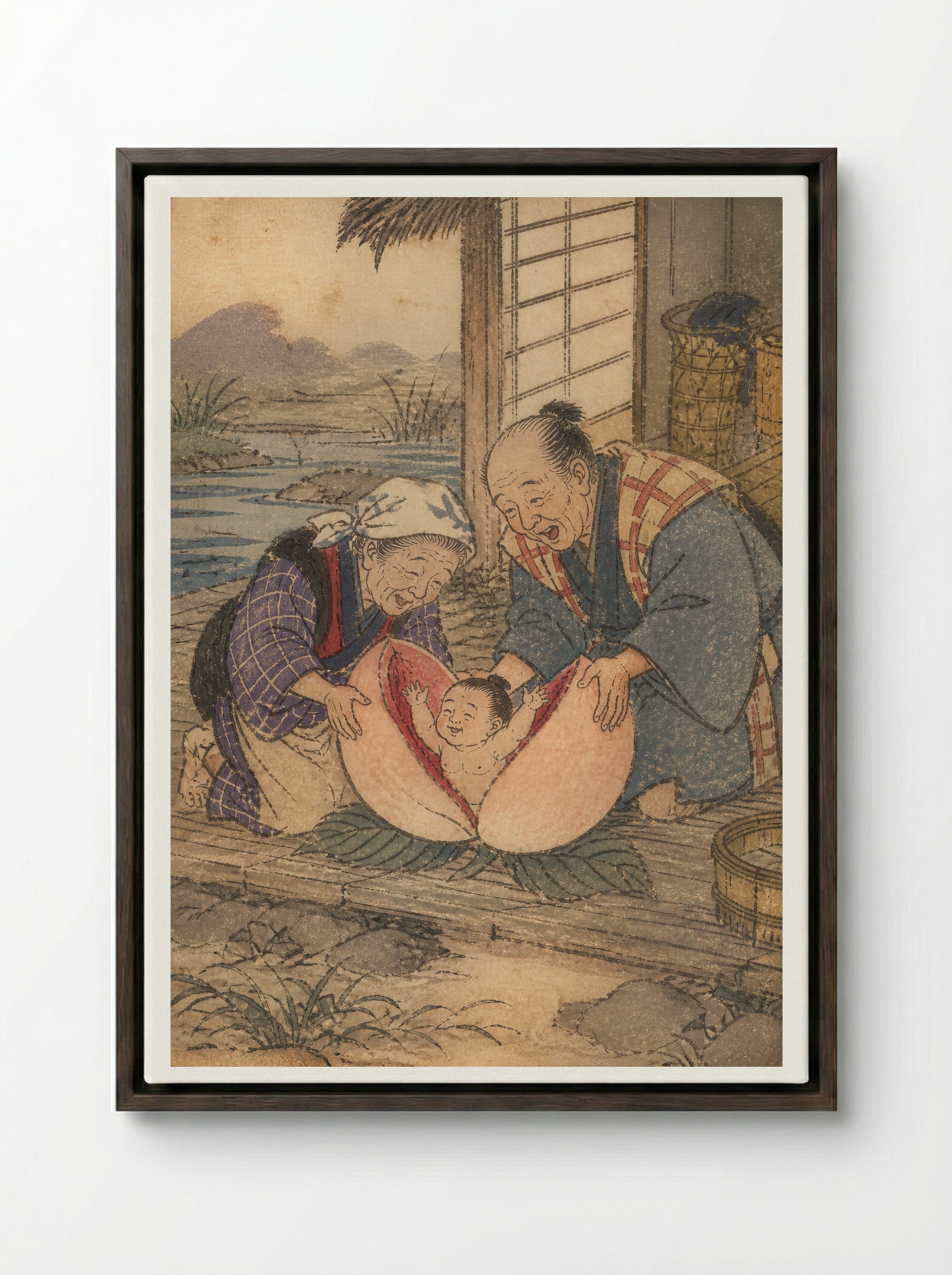 Momotaro and Oni Island: The Peach Opens - Framed Canvas Dark Wood