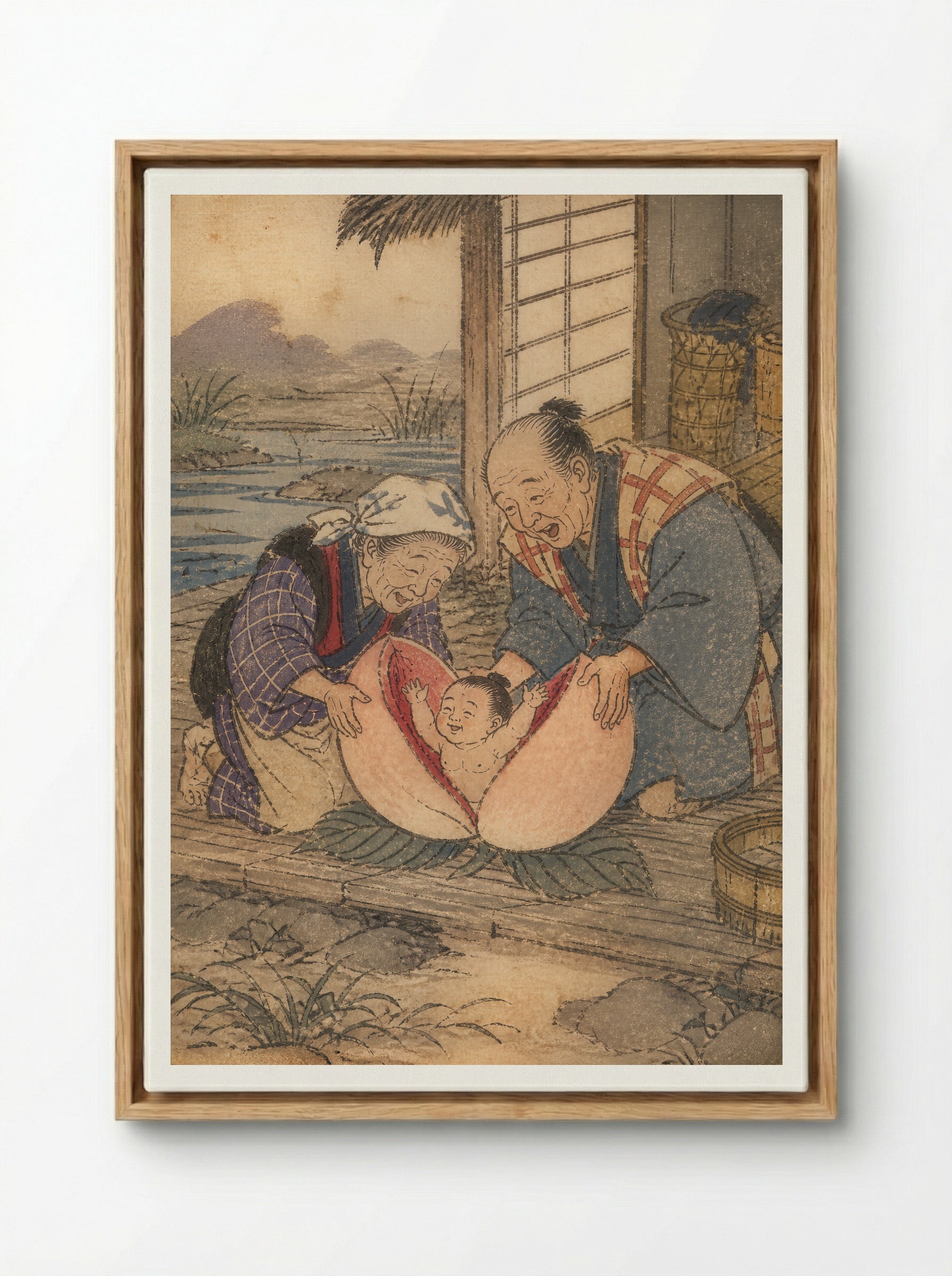Momotaro and Oni Island: The Peach Opens - Framed Canvas Wood