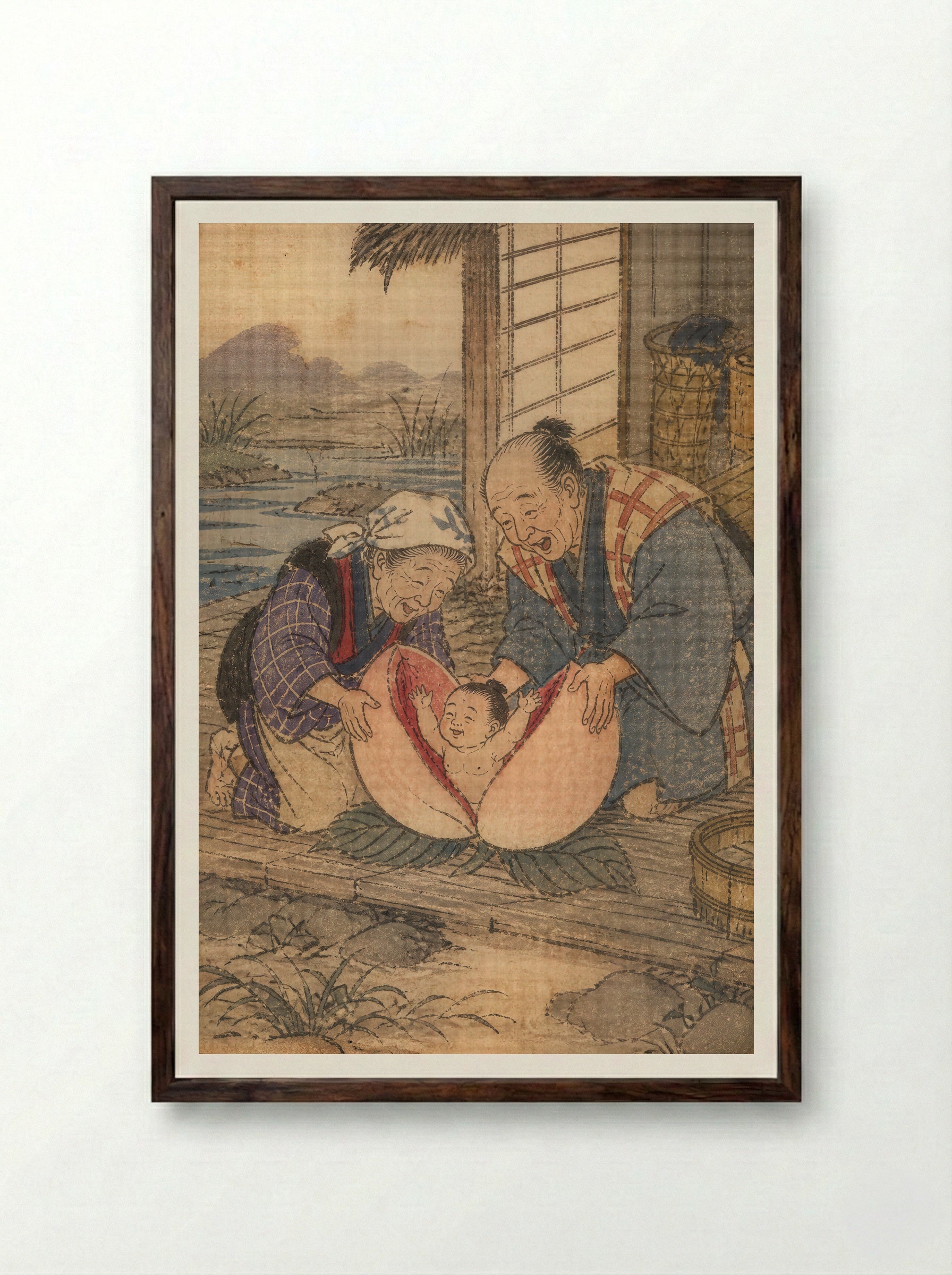 Momotaro and Oni Island: The Peach Opens - Framed Print Dark Wood