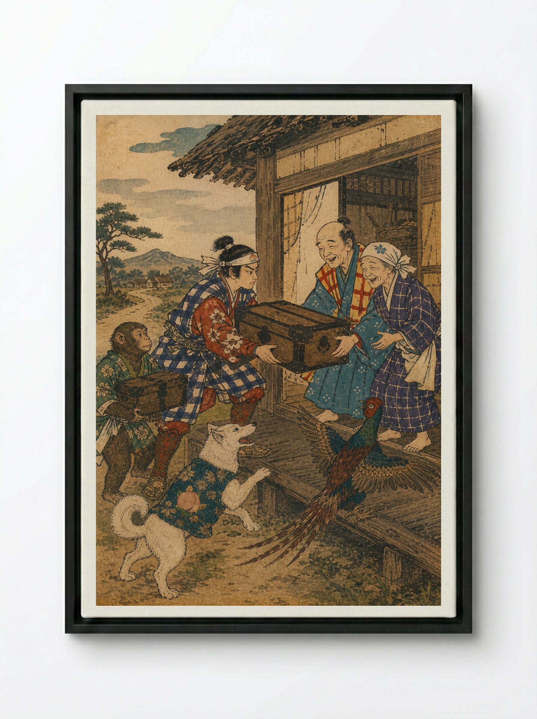 Momotaro and Oni Island: The Treasures Come Home - Framed Canvas Black