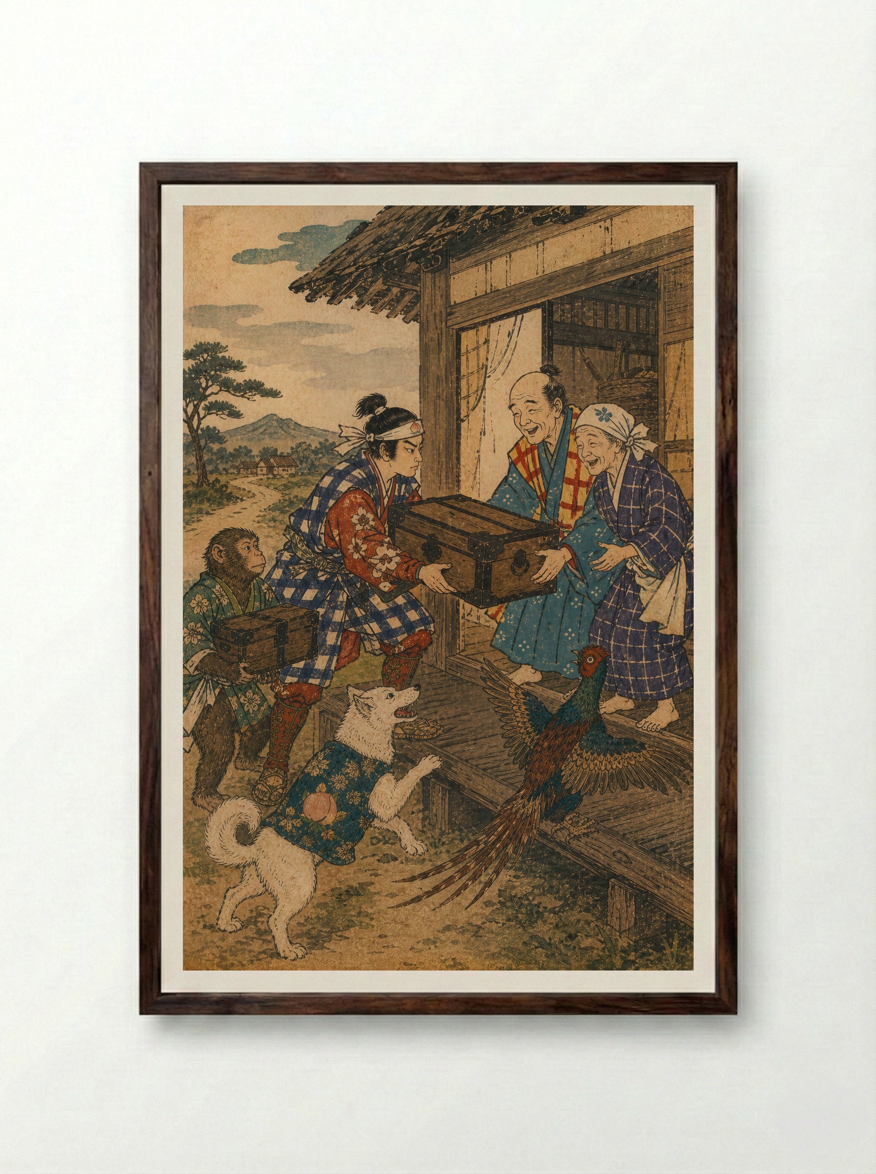 Momotaro and Oni Island: The Treasures Come Home - Framed Print Dark Wood