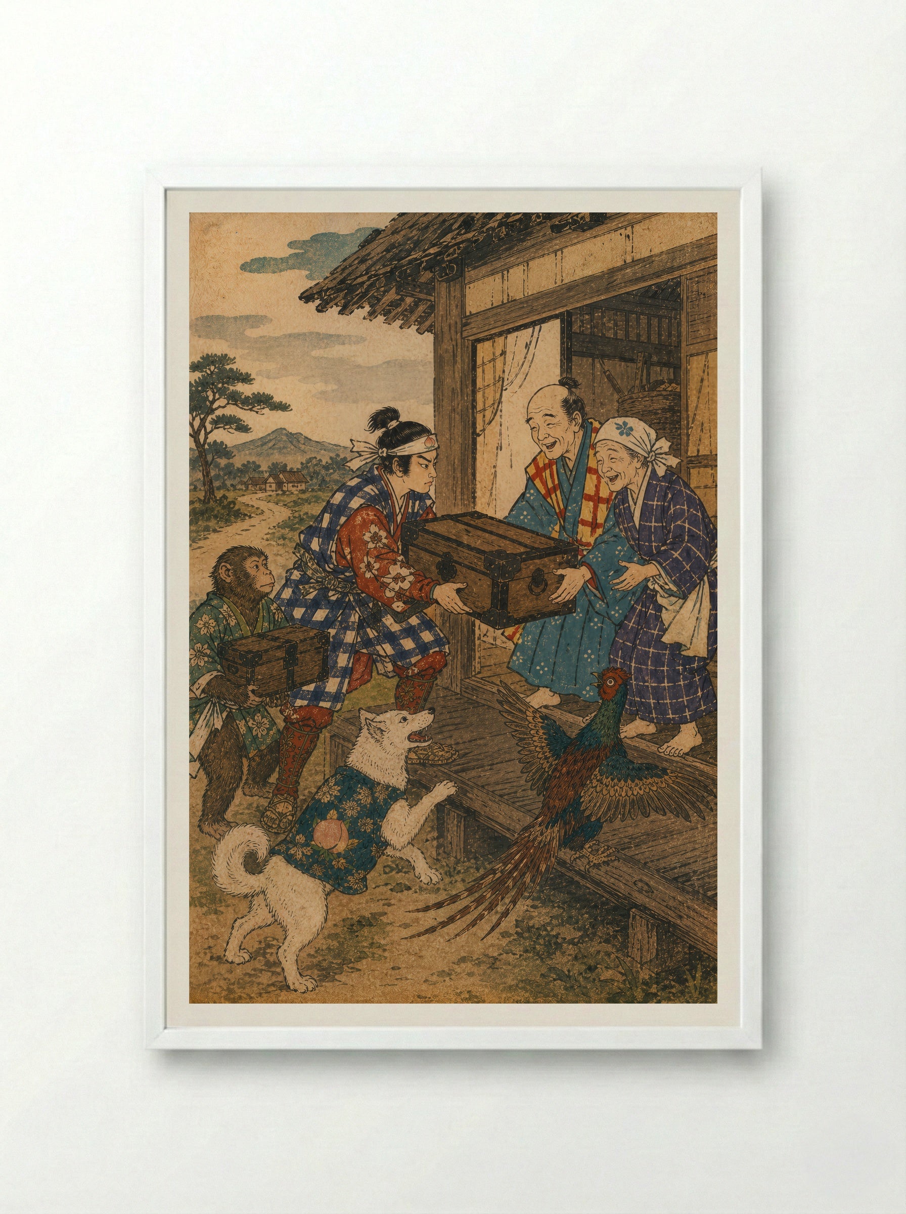 Momotaro and Oni Island: The Treasures Come Home - Framed Print White
