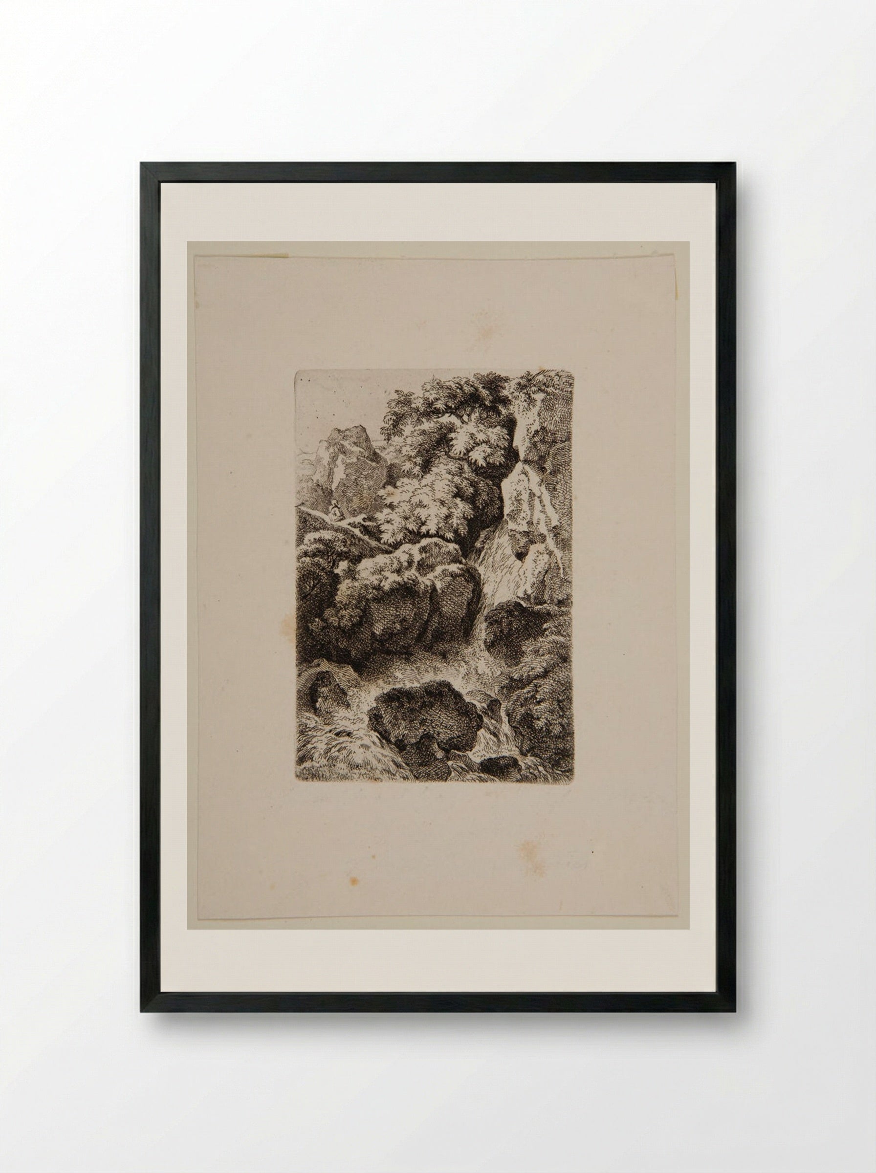Monk Sitting on a Hill Above a Cascade - Ferdinand Kobell - Framed Print Black