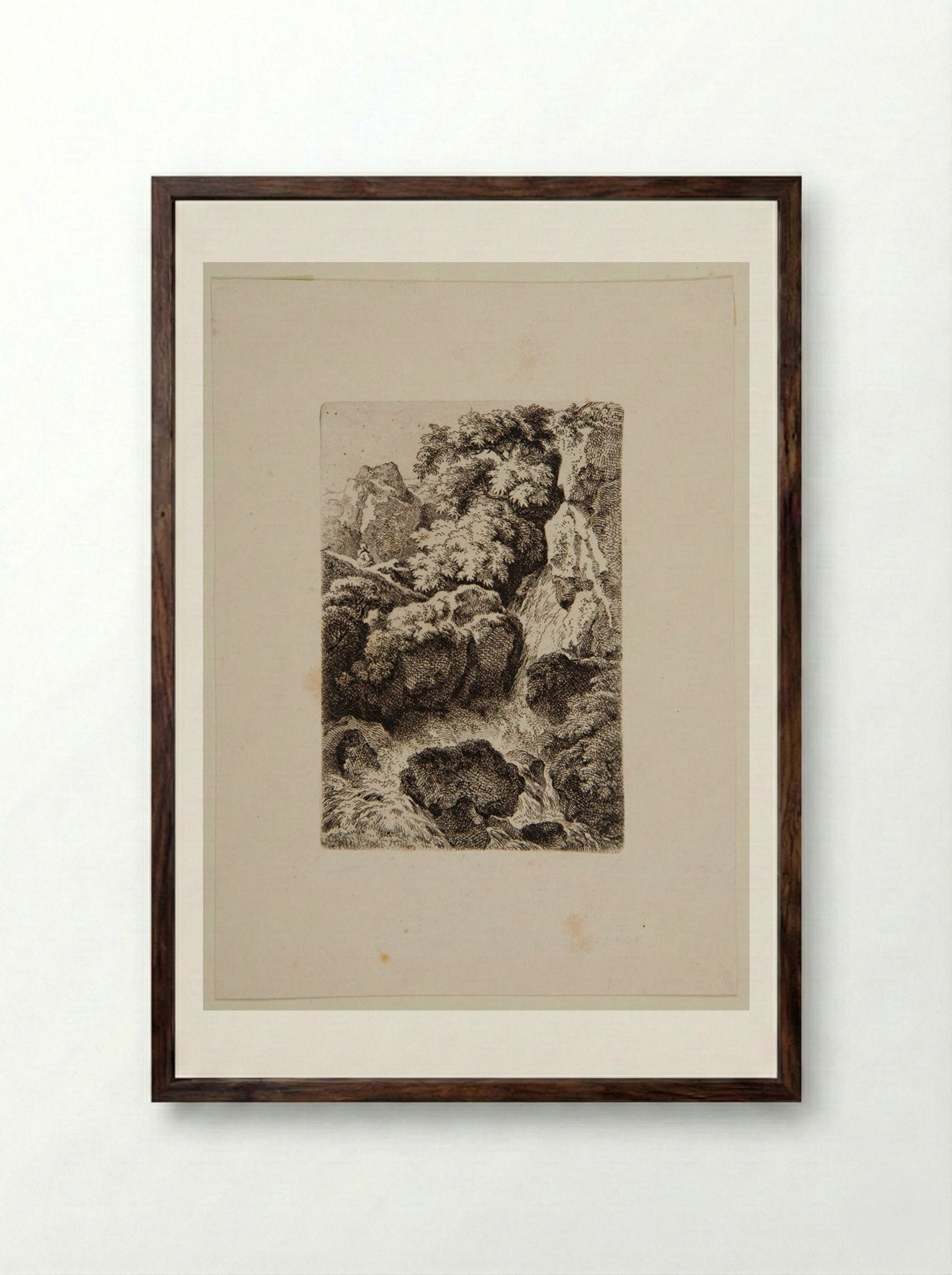 Monk Sitting on a Hill Above a Cascade - Ferdinand Kobell - Framed Print Dark Wood