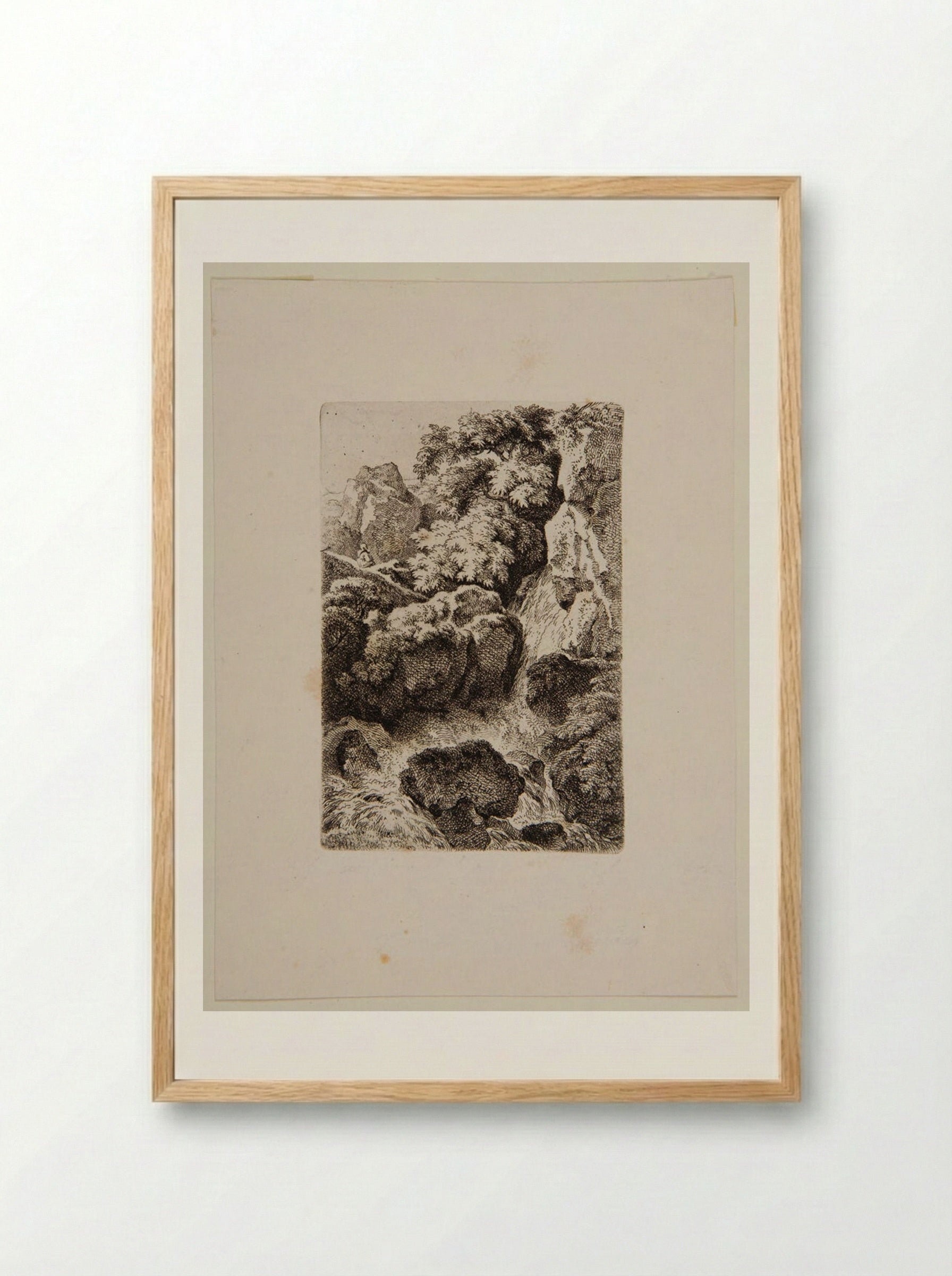 Monk Sitting on a Hill Above a Cascade - Ferdinand Kobell - Framed Print Wood