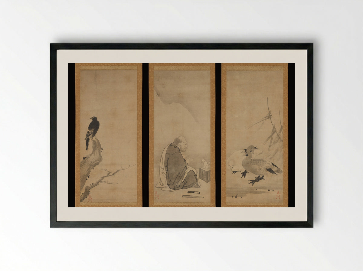 Monk Zhaozhou and Dog, with Geese and Mynah - Unkoku Tōeki - Framed Print Black