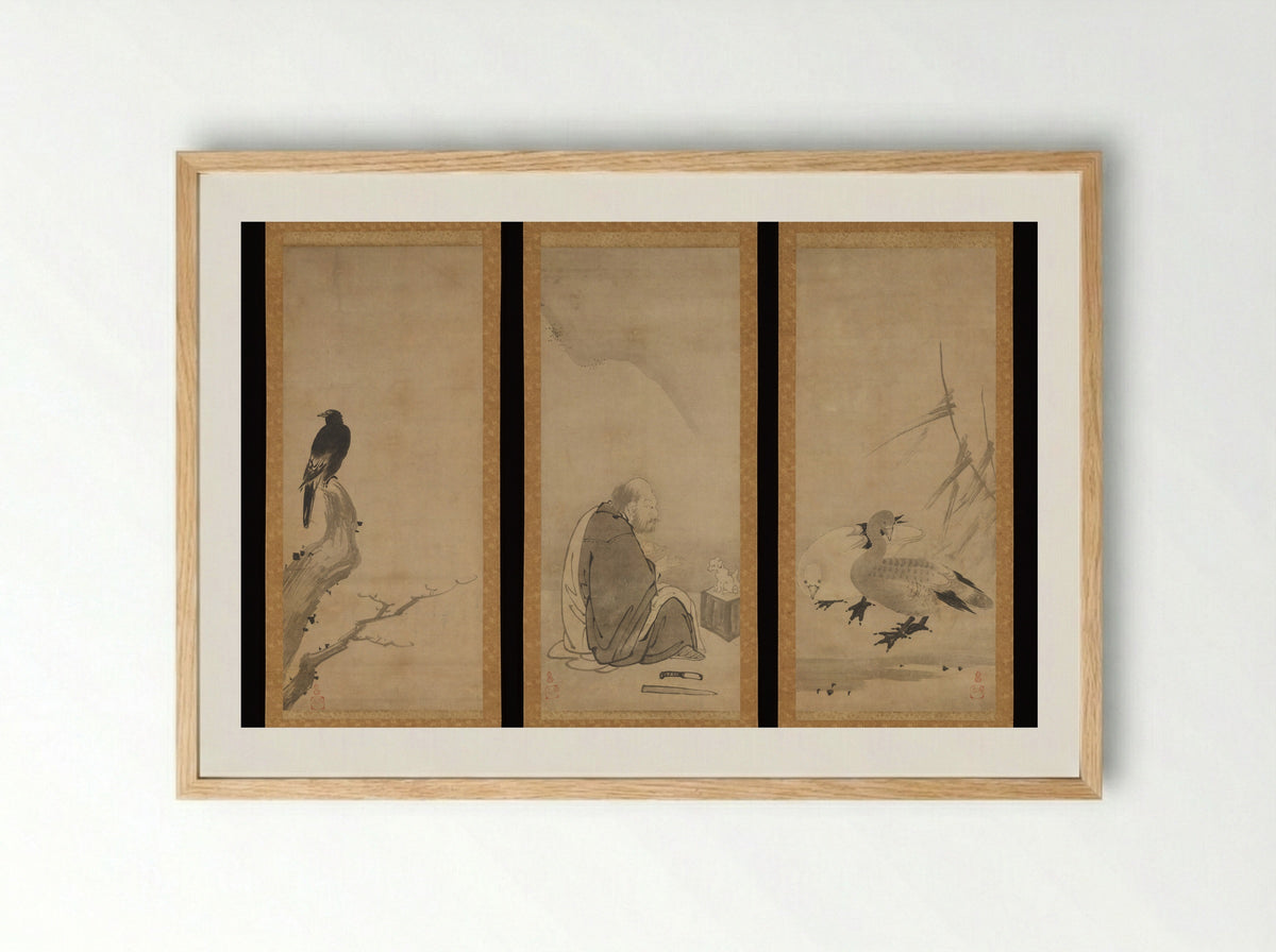 Monk Zhaozhou and Dog, with Geese and Mynah - Unkoku Tōeki - Framed Print Wood