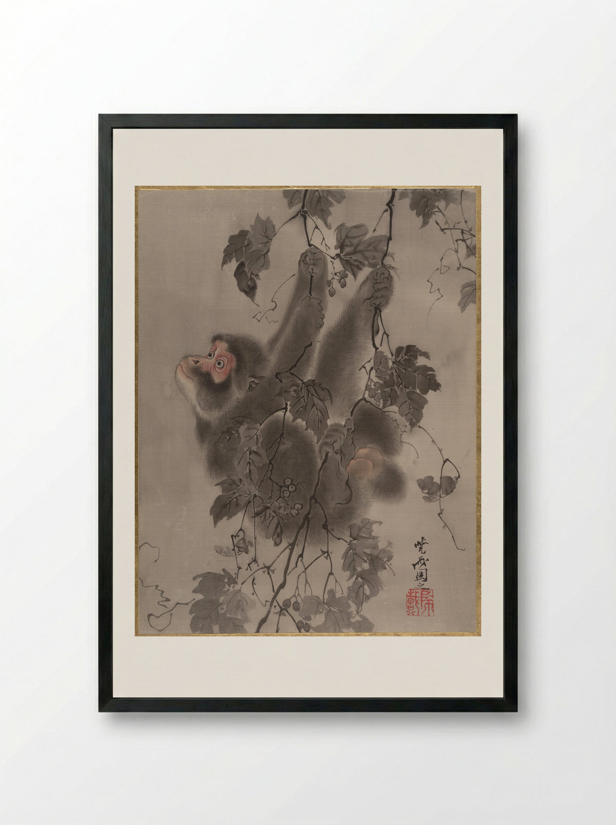 Monkey Hanging from Grapevines - Kawanabe Kyōsai - Framed Print Black