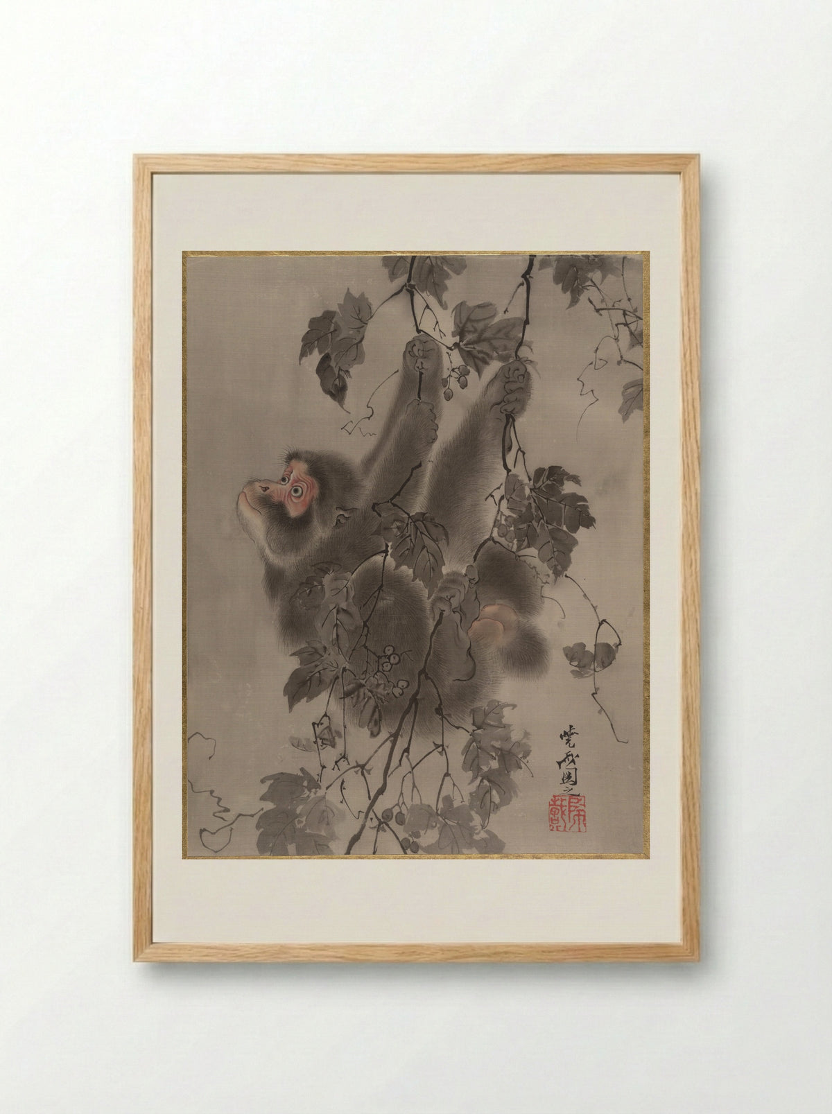 Monkey Hanging from Grapevines - Kawanabe Kyōsai - Framed Print Wood