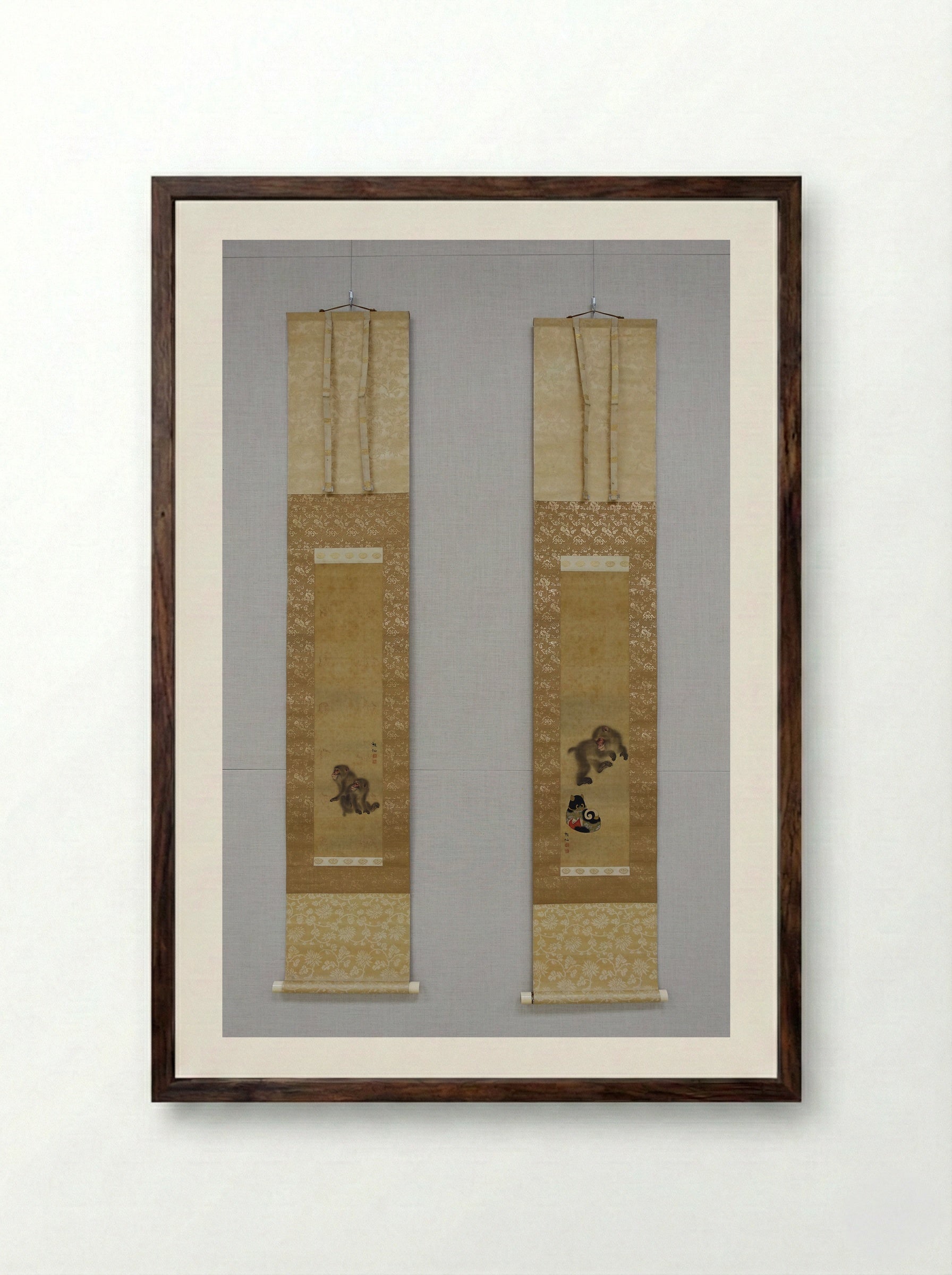 Monkey (Pair of Hanging Scrolls) - Mori Sosen - Framed Print Dark Wood