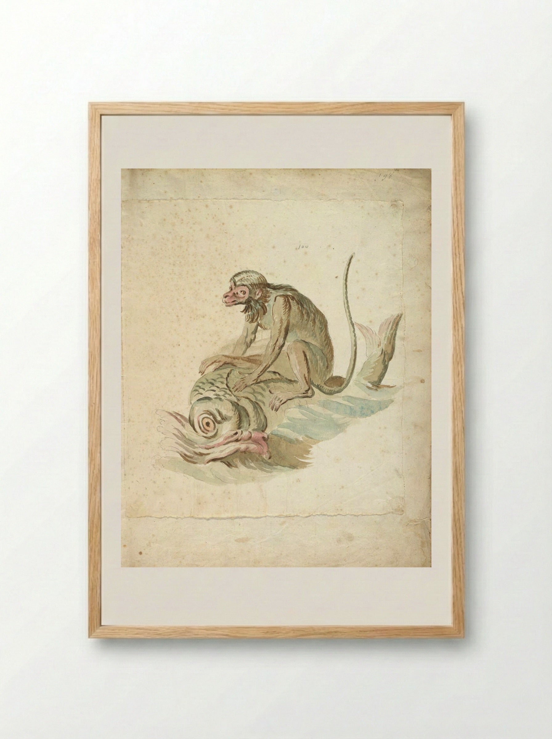Monkey Riding a Dolphin - Jean-Baptiste Oudry - Framed Print Wood