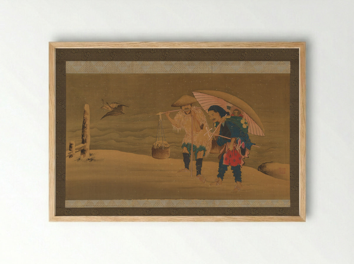 Monkey Showman and Porter in the Snow - Teisai Hokuga - Framed Print Wood