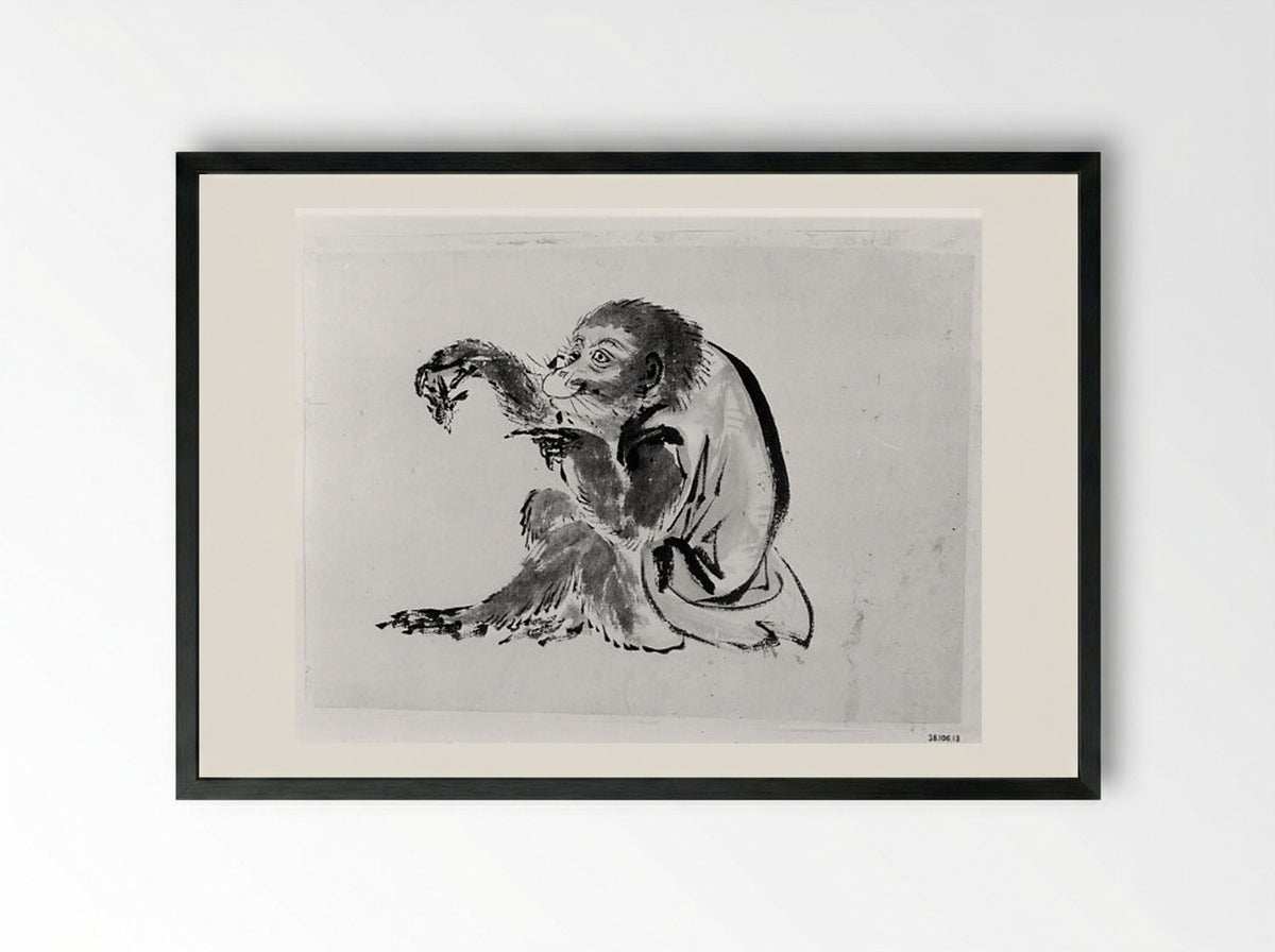 Monkey and Bee - Hokusai School - Framed Print Black