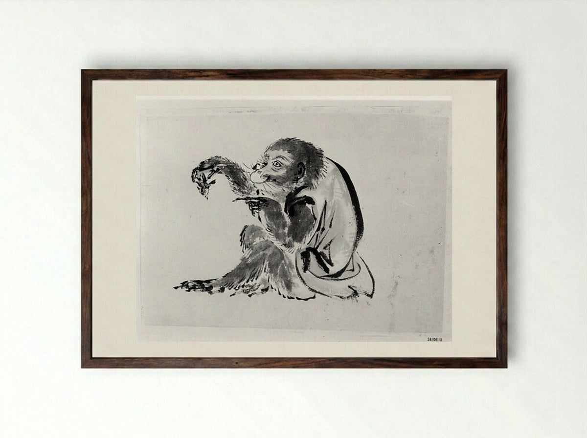 Monkey and Bee - Hokusai School - Framed Print Dark Wood