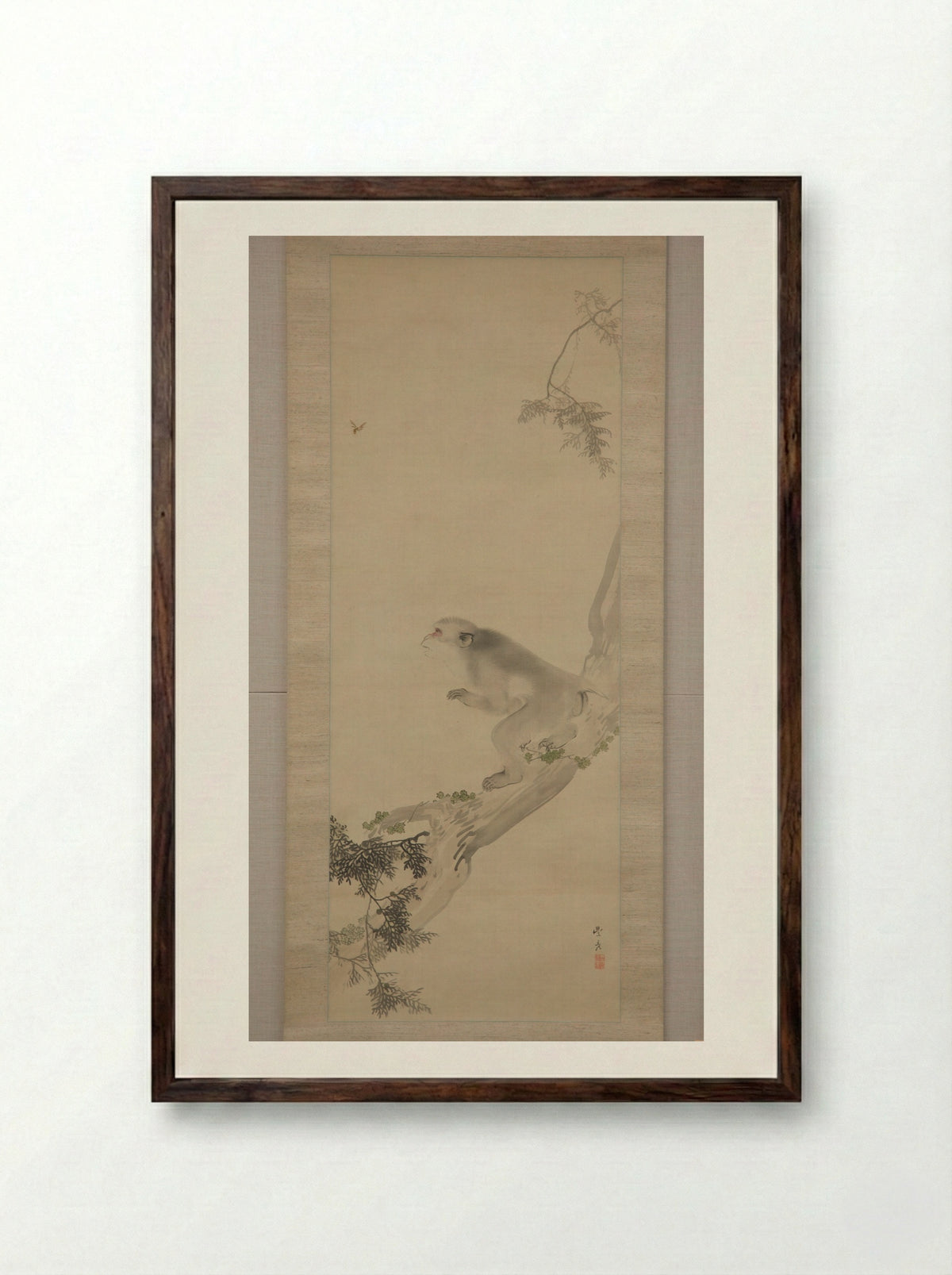 Monkey and Bee - Okamoto Toyohiko - Framed Print Dark Wood