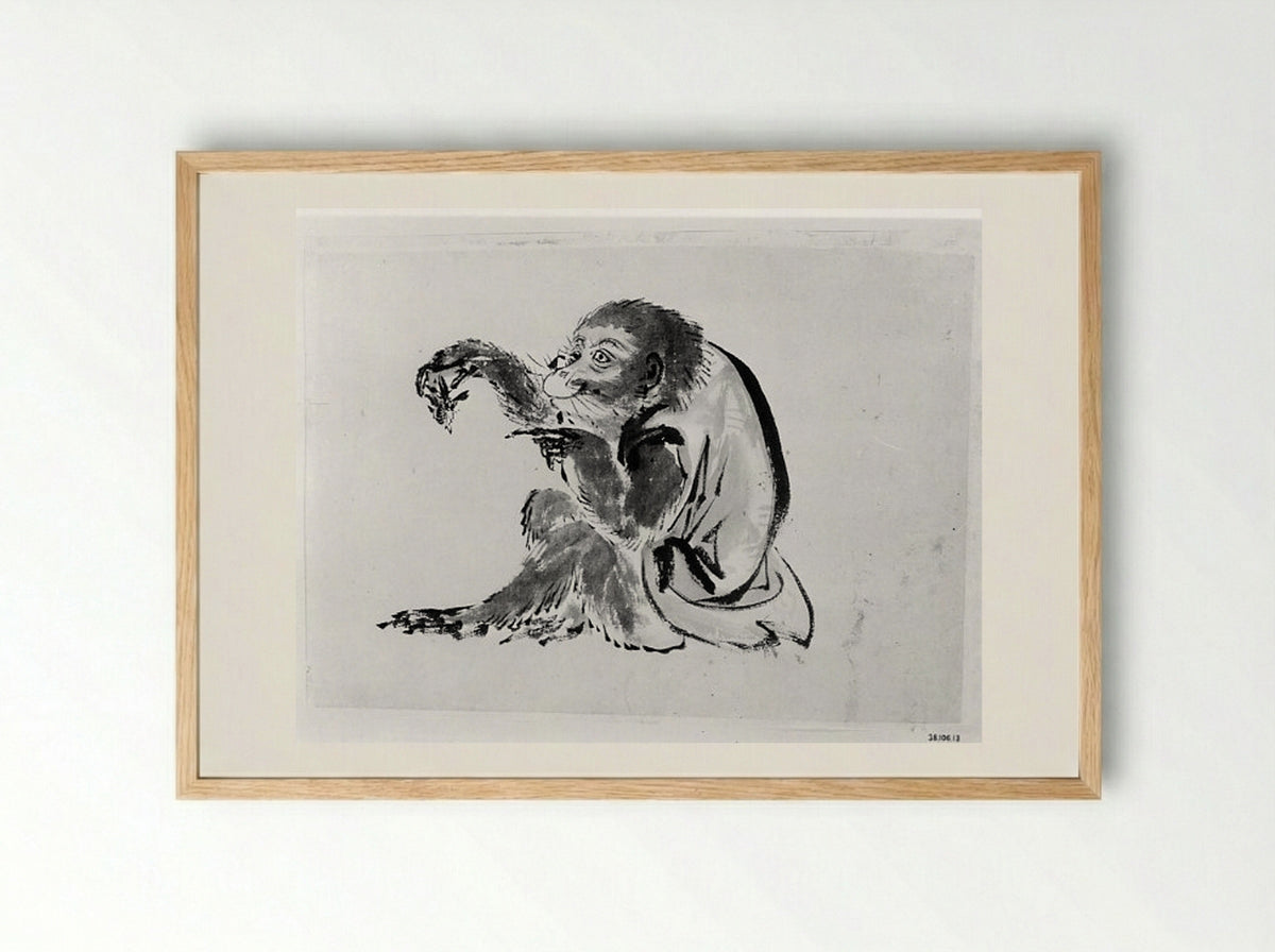 Monkey and Bee - Hokusai School - Framed Print Wood