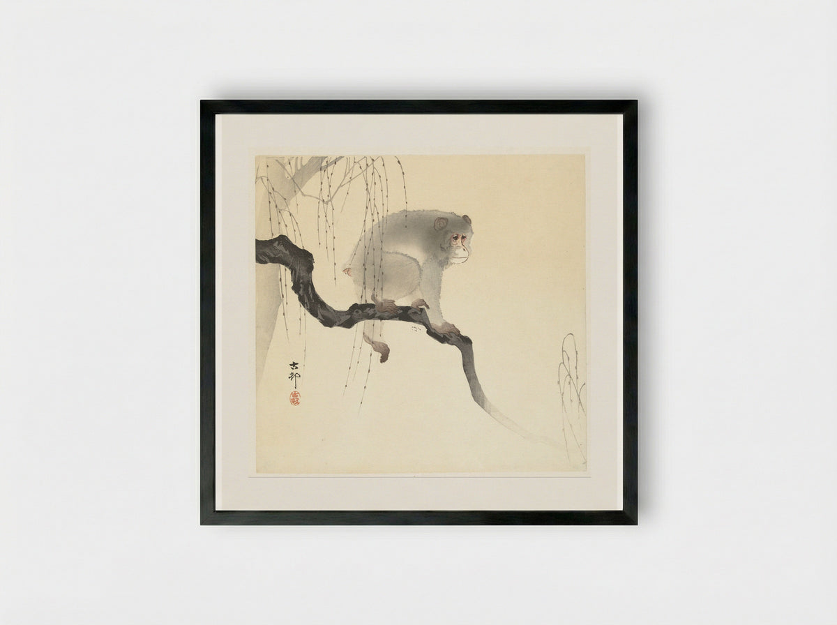 Monkey on a Willow Branch - Matsuki Heikichi - Framed Print Black