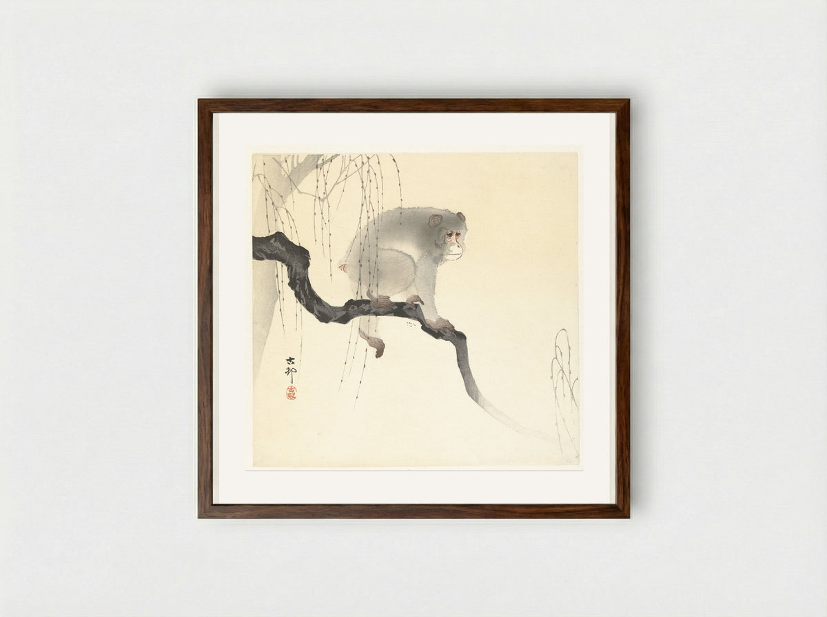 Monkey on a Willow Branch - Matsuki Heikichi - Framed Print Dark Wood