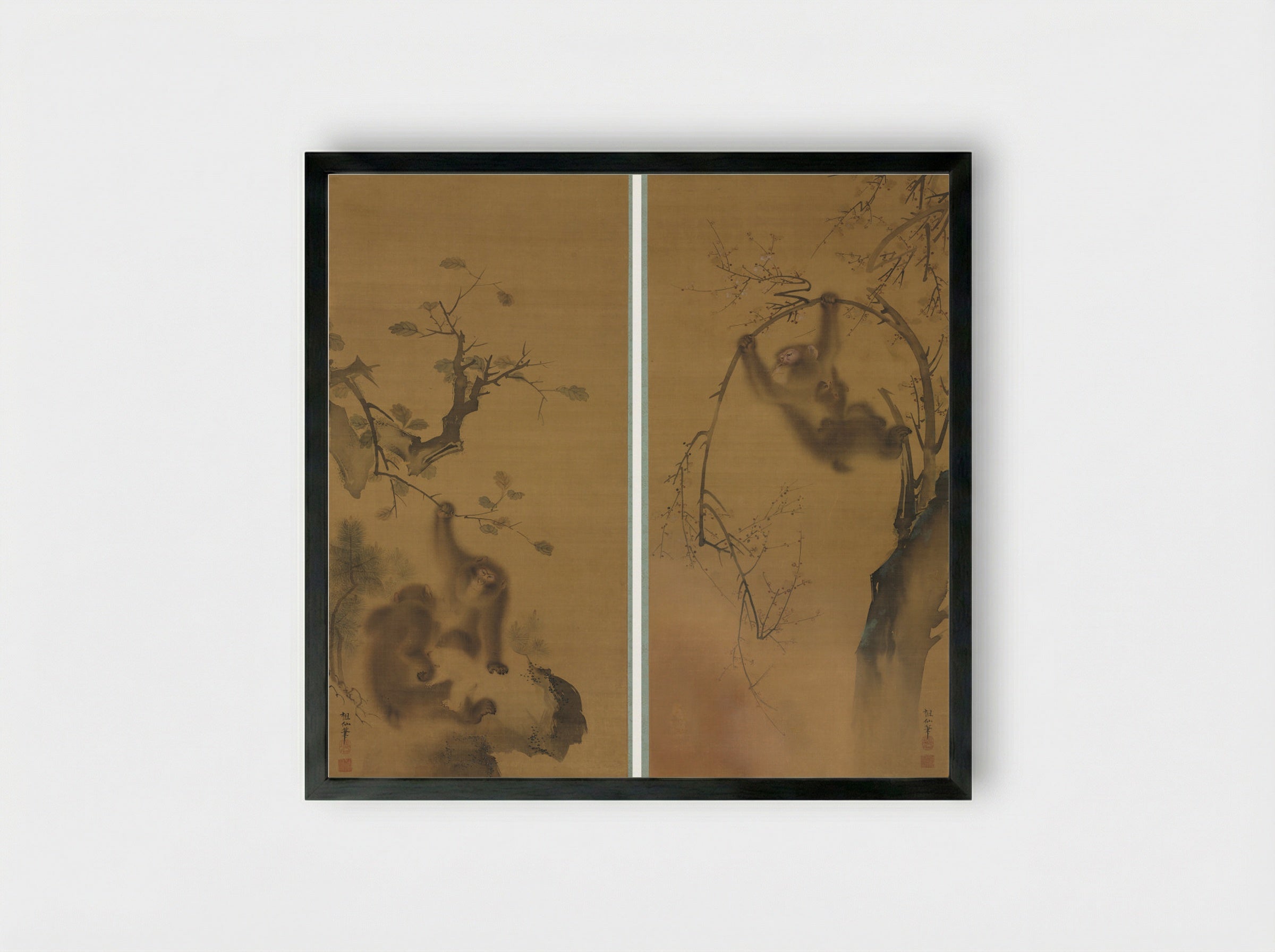 Monkeys in a Cherry Tree; Monkeys on a Rock Ledge - Mori Sosen - Framed Print Black