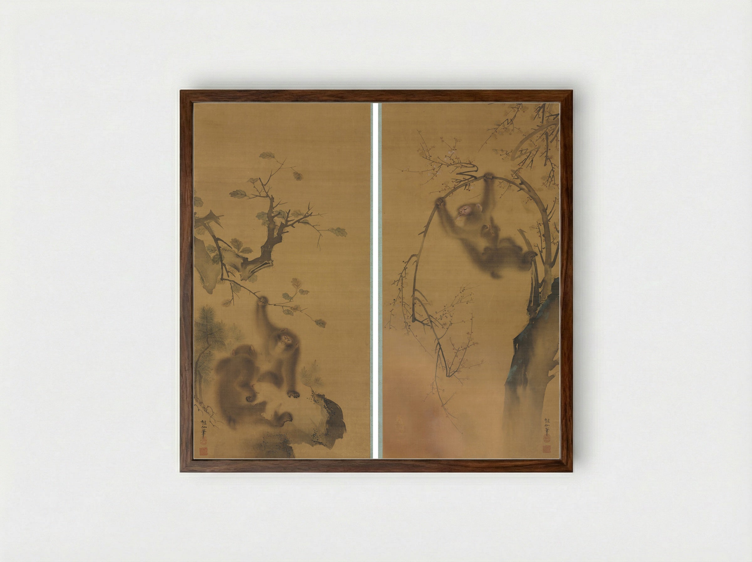 Monkeys in a Cherry Tree; Monkeys on a Rock Ledge - Mori Sosen - Framed Print Dark Wood