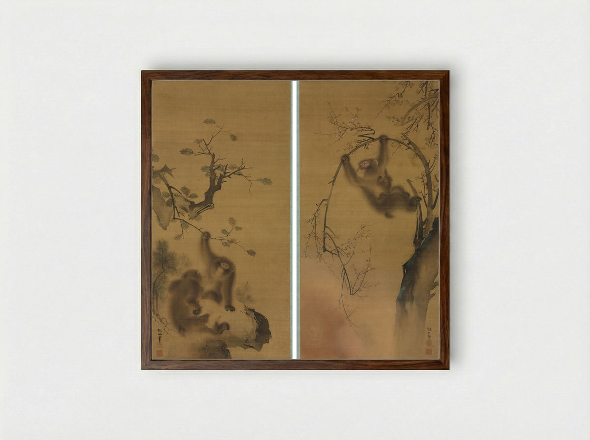 Monkeys in a Cherry Tree; Monkeys on a Rock Ledge - Mori Sosen - Framed Print Dark Wood