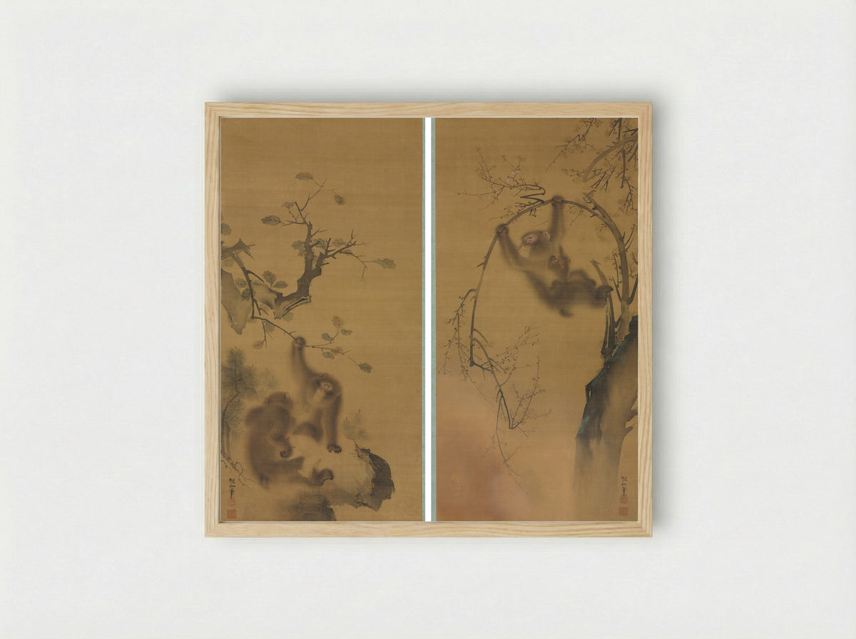 Monkeys in a Cherry Tree; Monkeys on a Rock Ledge - Mori Sosen - Framed Print Wood
