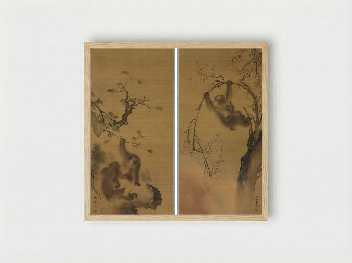 Monkeys in a Cherry Tree; Monkeys on a Rock Ledge - Mori Sosen - Framed Print Wood