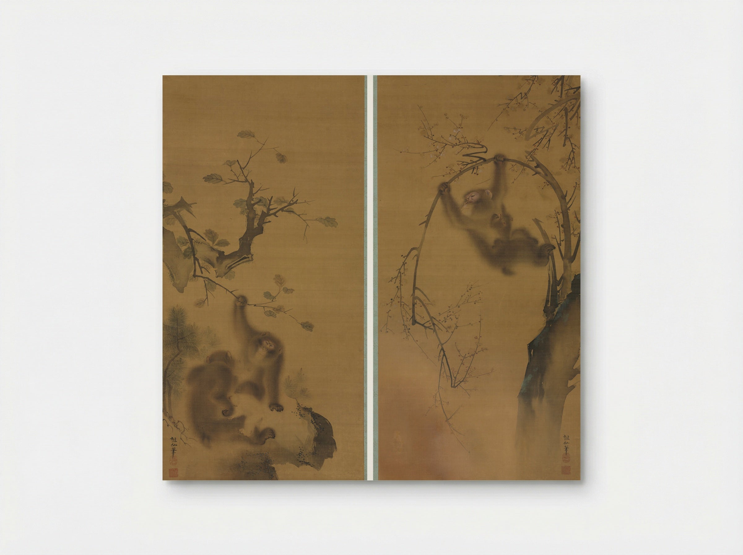 Monkeys in a Cherry Tree; Monkeys on a Rock Ledge - Mori Sosen - Poster