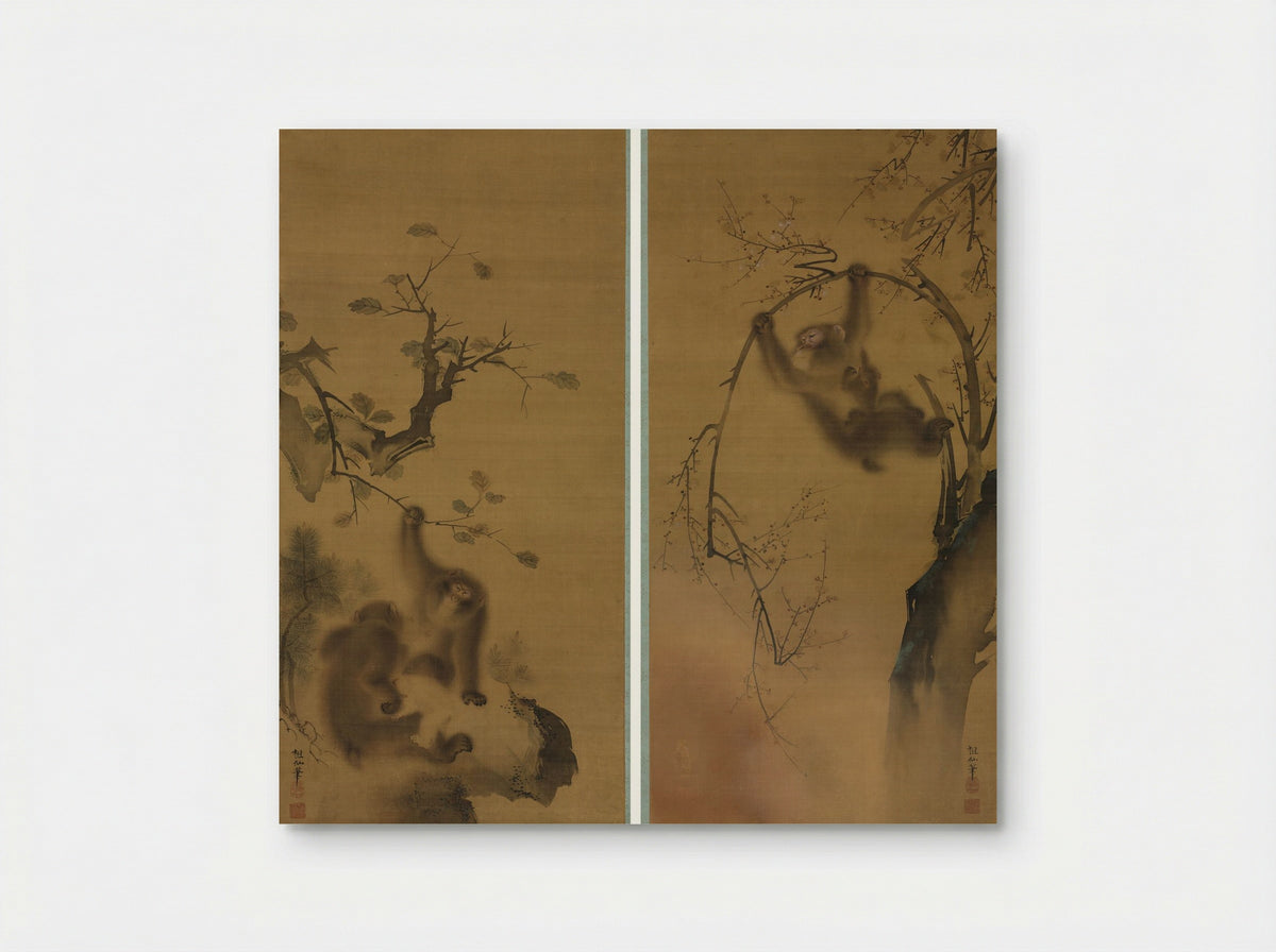 Monkeys in a Cherry Tree; Monkeys on a Rock Ledge - Mori Sosen - Poster