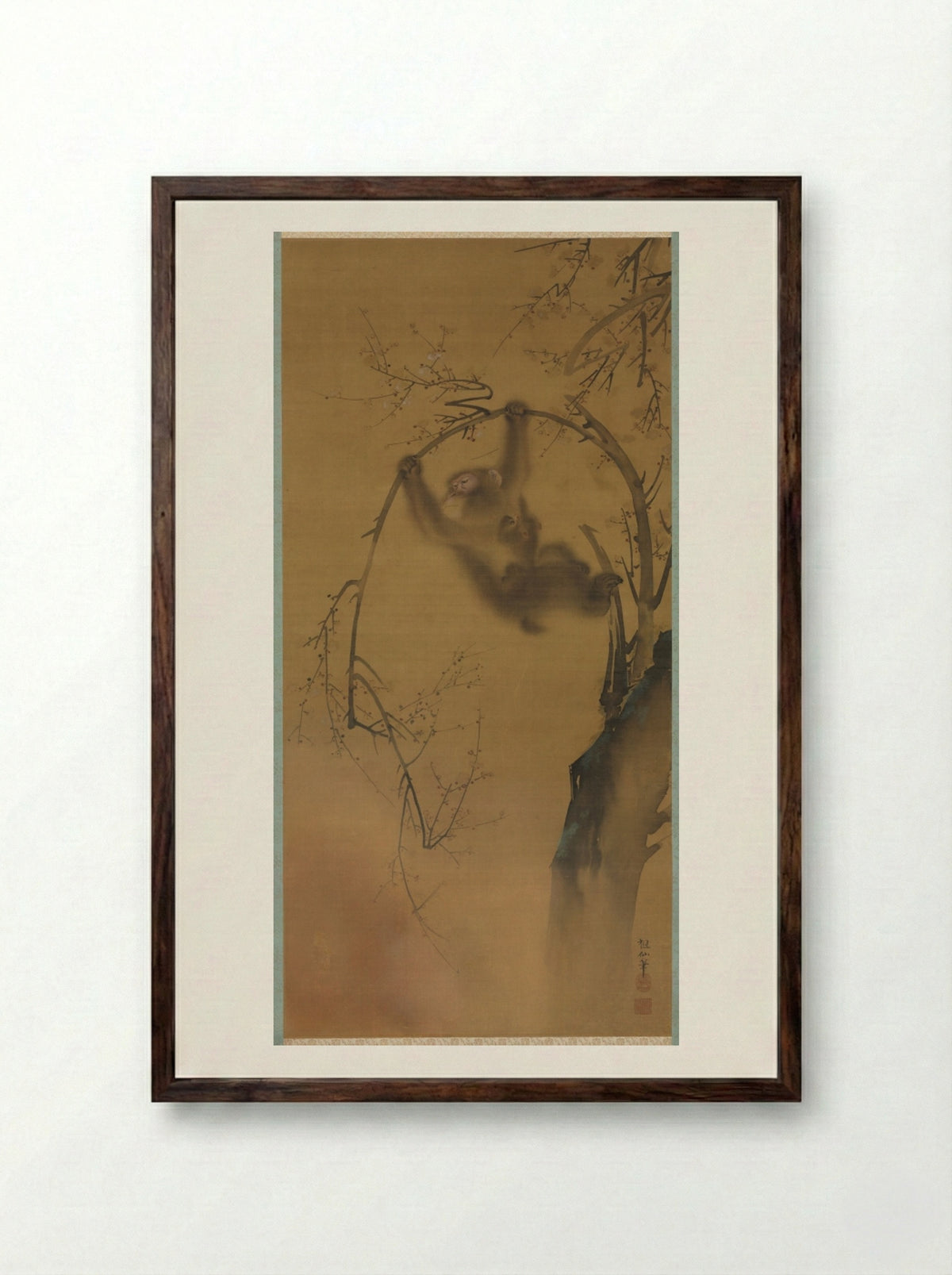 Monkeys in a Cherry Tree - Mori Sosen - Framed Print Dark Wood