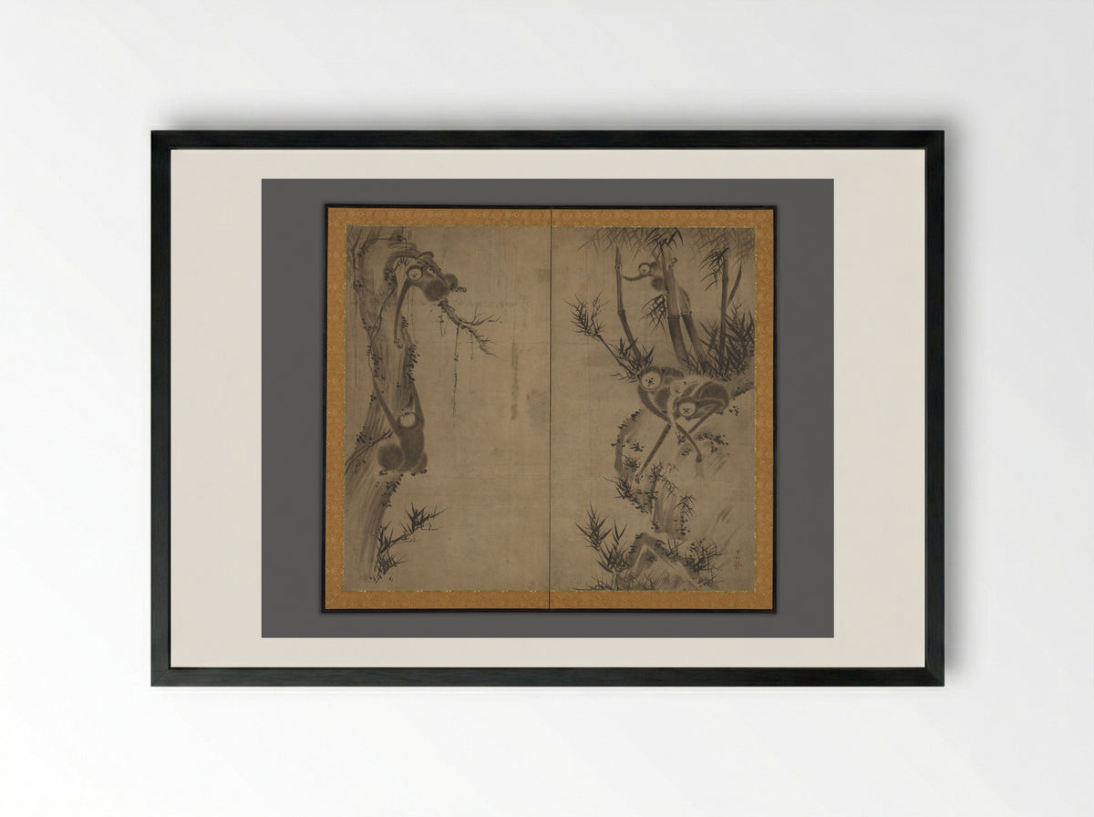 Monkeys on Rocks and Trees - Sesson Shūkei - Framed Print Black