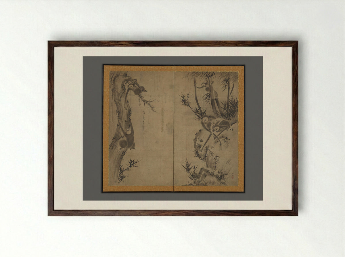 Monkeys on Rocks and Trees - Sesson Shūkei - Framed Print Dark Wood