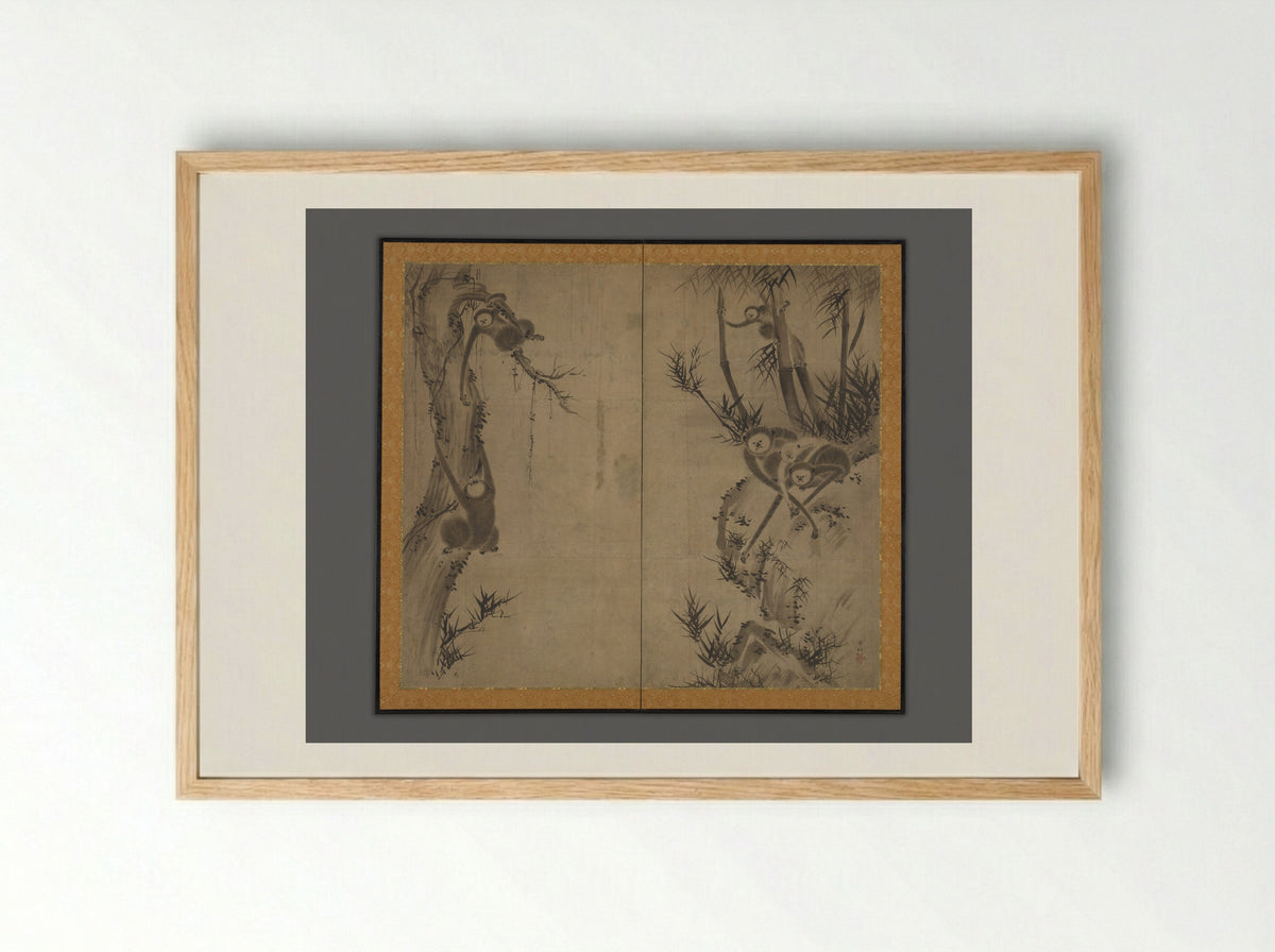 Monkeys on Rocks and Trees - Sesson Shūkei - Framed Print Wood