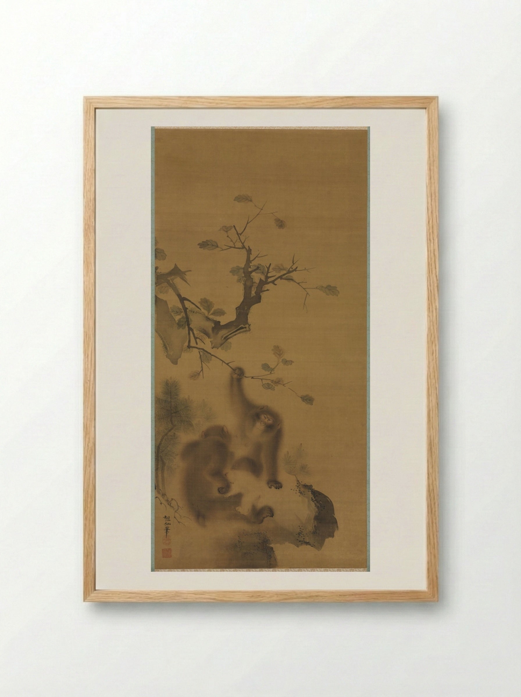 Monkeys on a Rock Ledge - Mori Sosen - Framed Print Wood