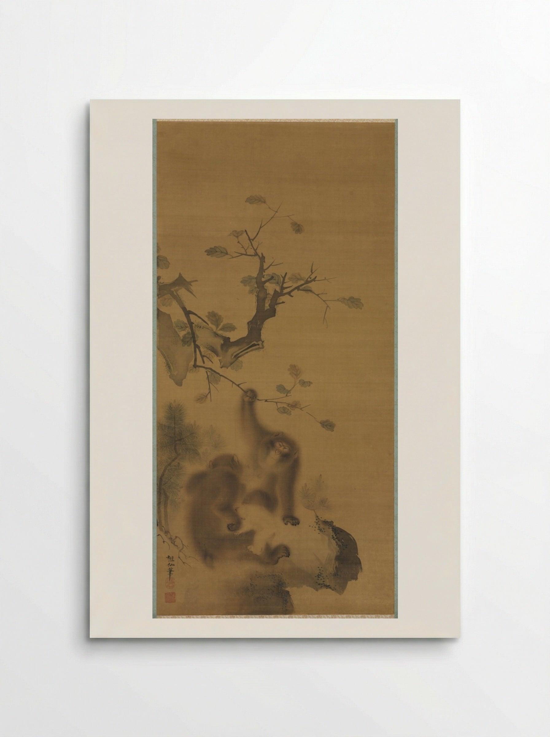 Monkeys on a Rock Ledge - Mori Sosen - Poster