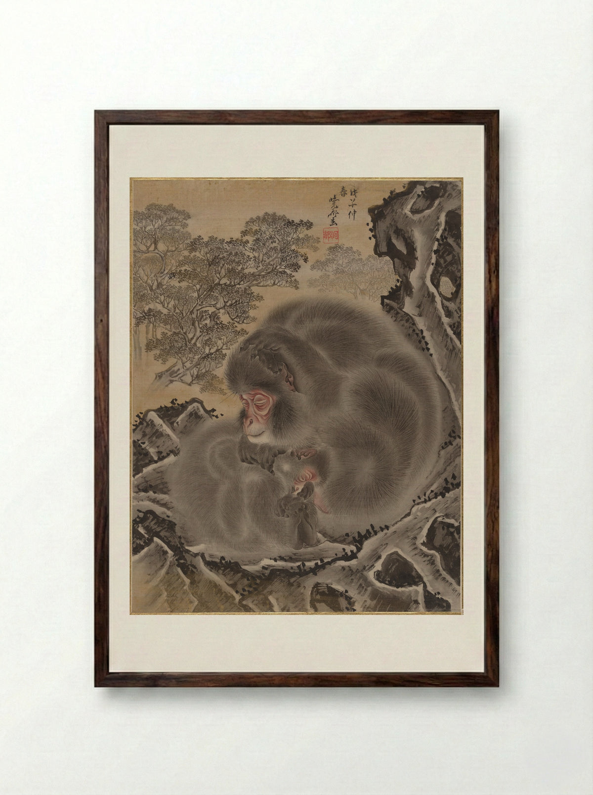 Monkeys - Kawanabe Kyōsai - Framed Print Dark Wood