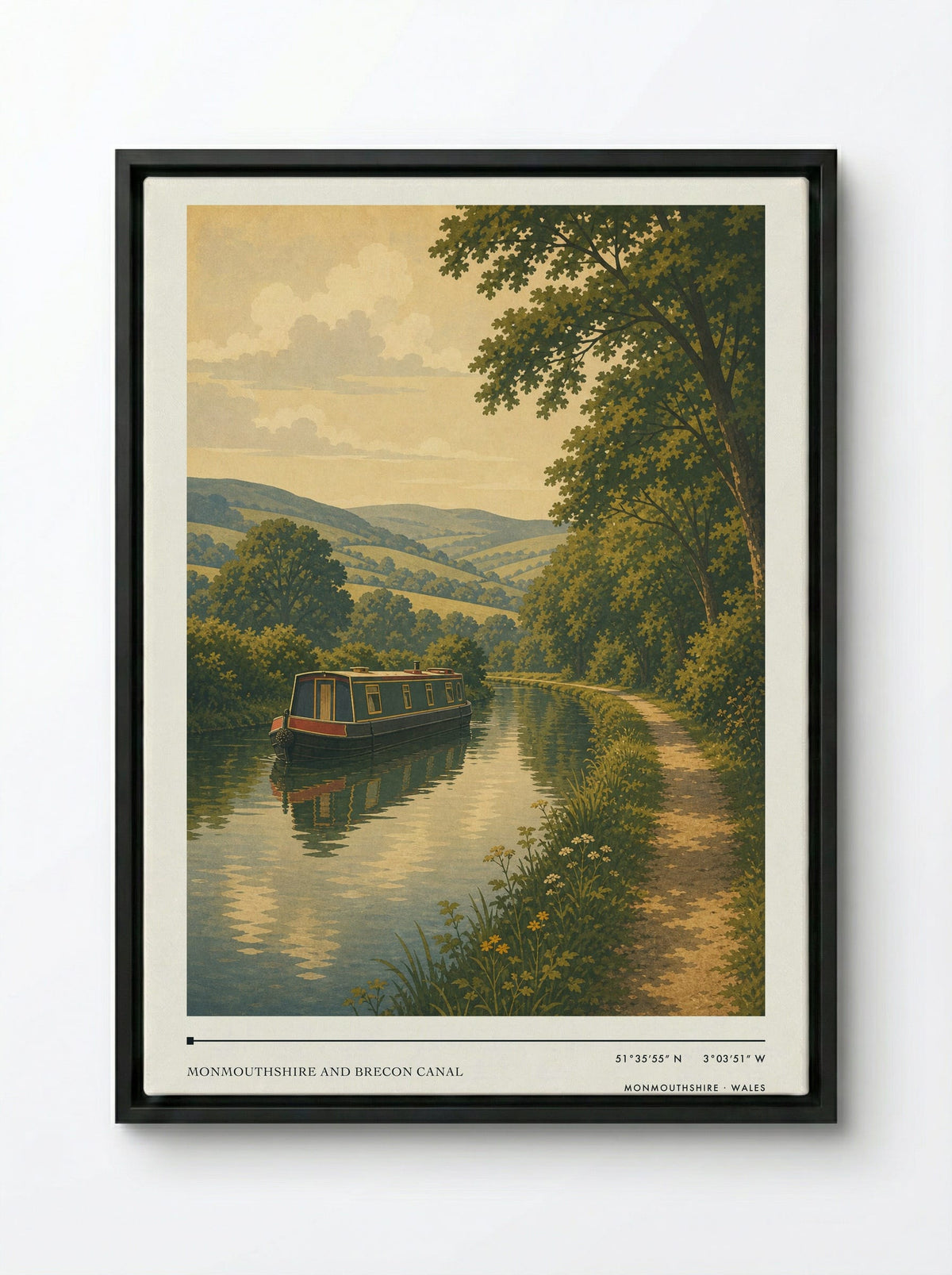 Monmouthshire and Brecon Canal Wales Travel Poster - Framed Canvas Black
