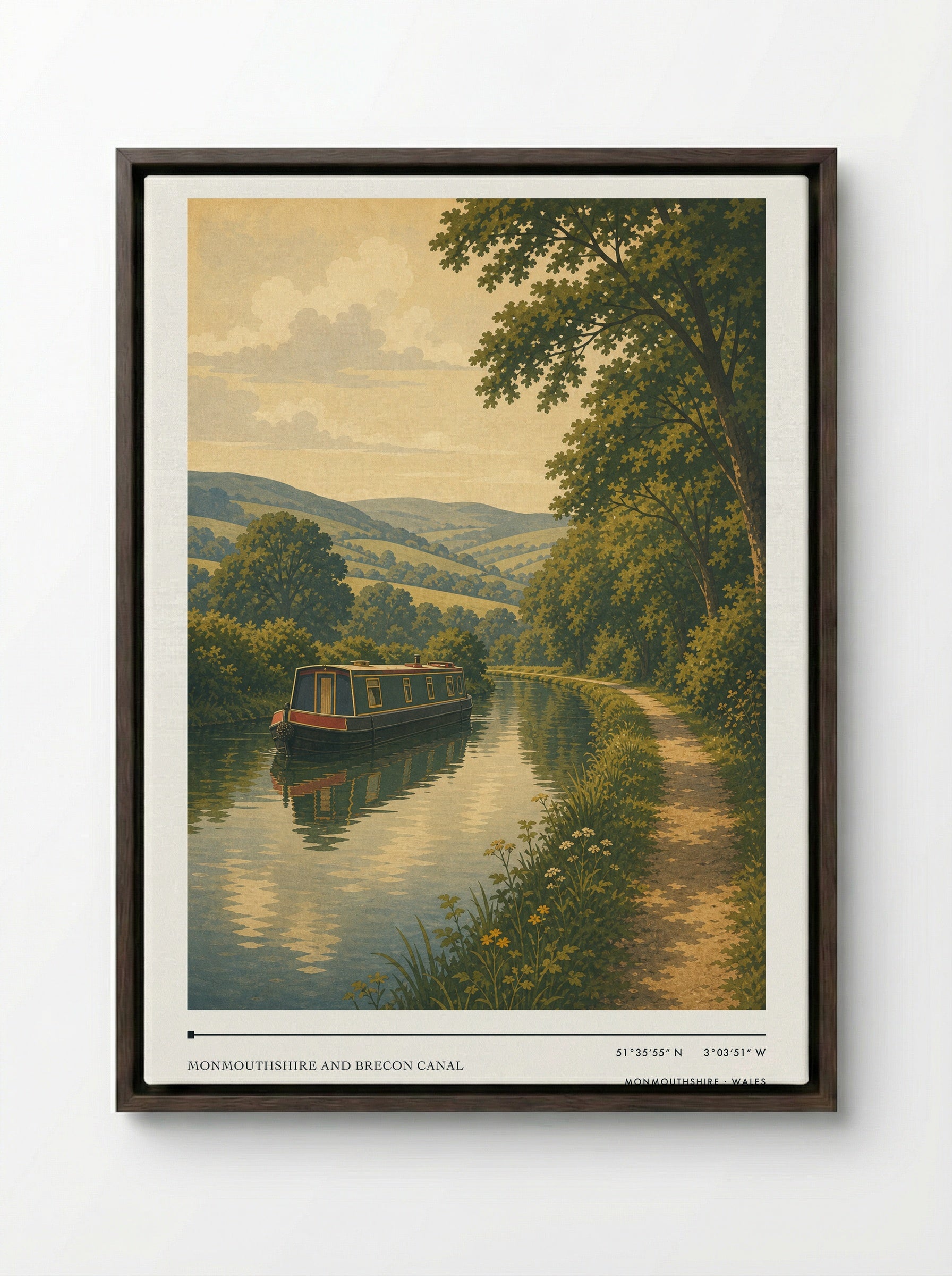 Monmouthshire and Brecon Canal Wales Travel Poster - Framed Canvas Dark Wood
